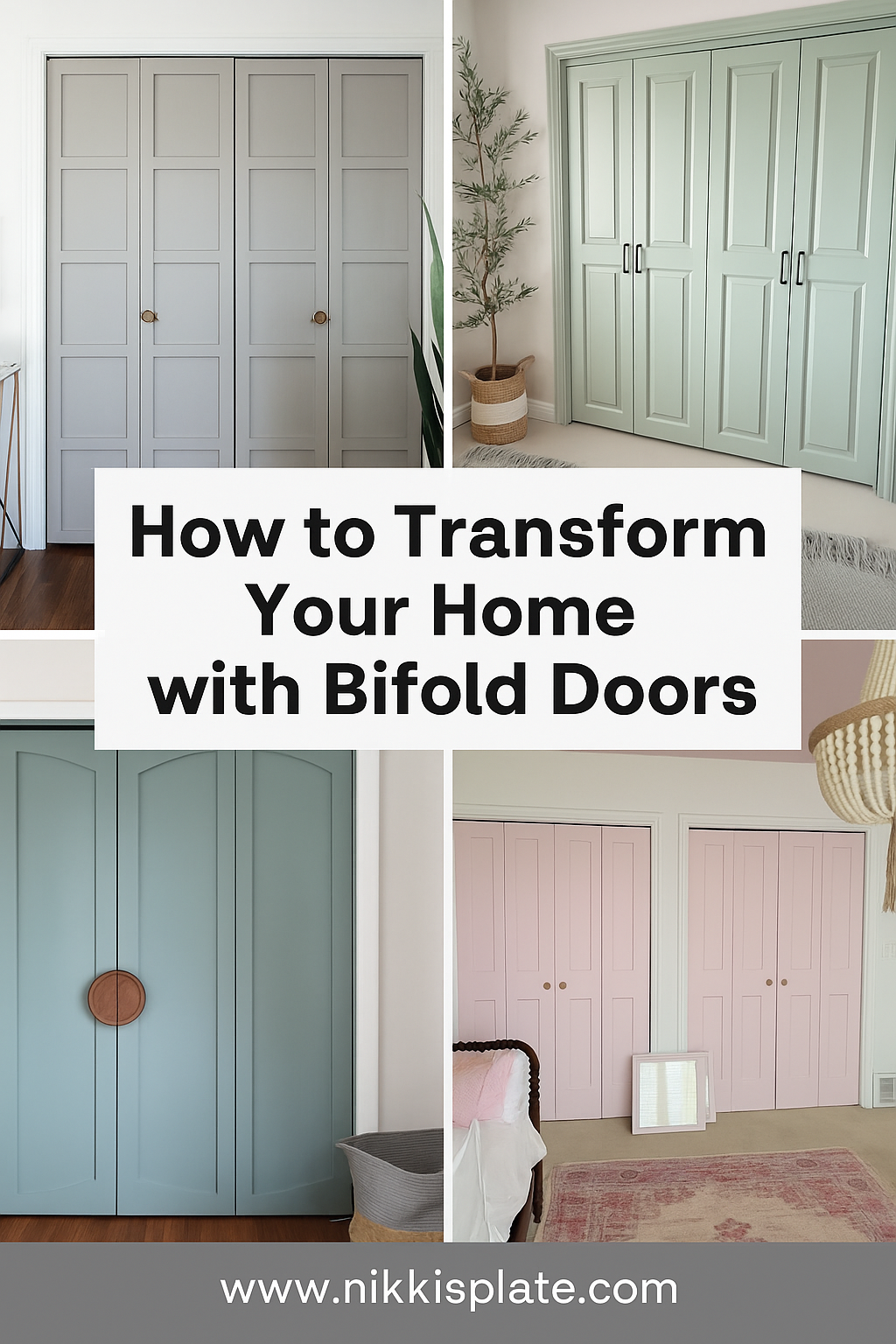 Pinterest pin collage showing four stylish bifold door designs in neutral gray, sage green, soft blue, and blush pink, with the title “How to Transform Your Home with Bifold Doors” and the website “www.nikkisplate.com”
 displayed in elegant serif typography.