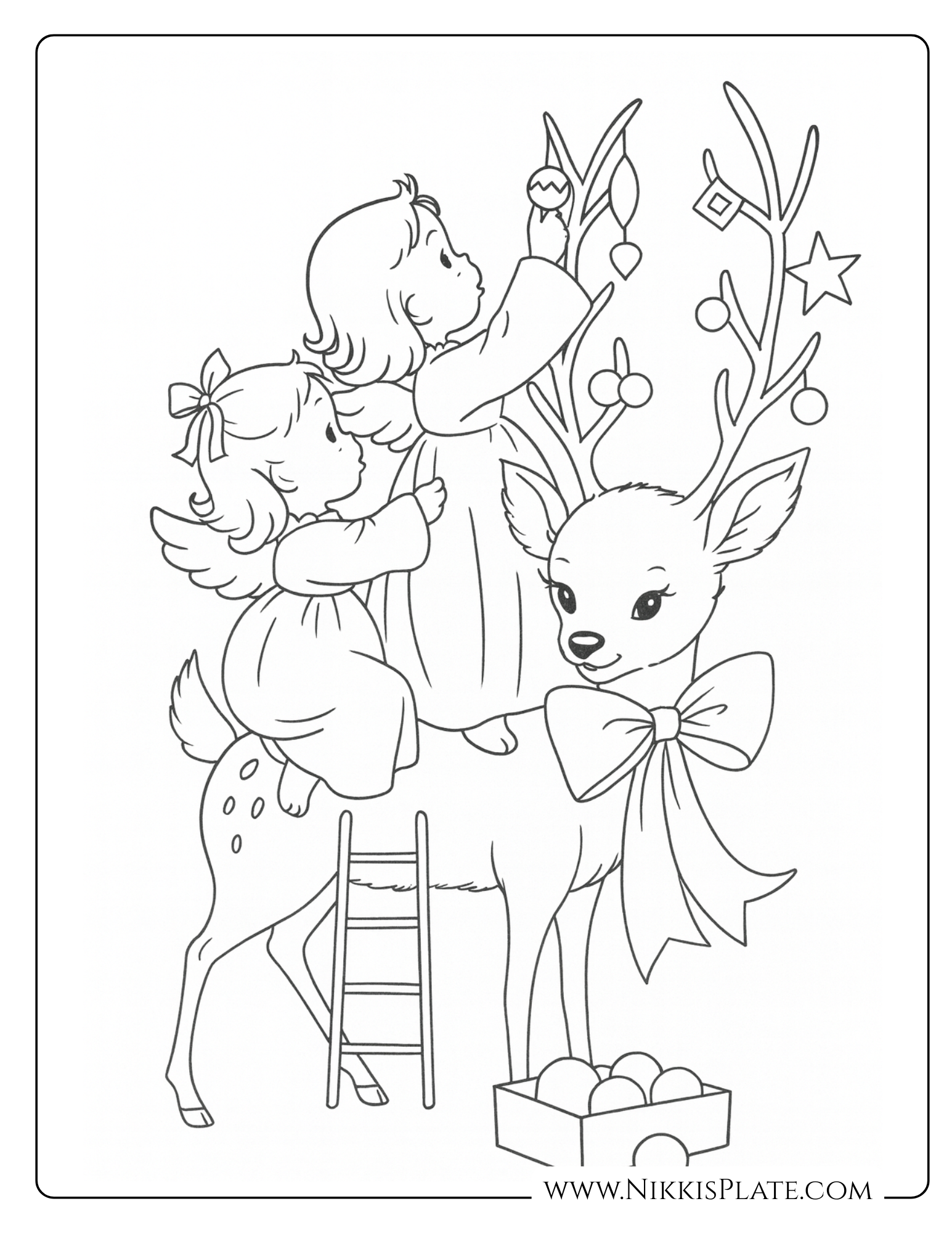 Vintage Christmas coloring page of two angel children decorating a reindeer's antlers with ornaments. Nostalgic free holiday printable.