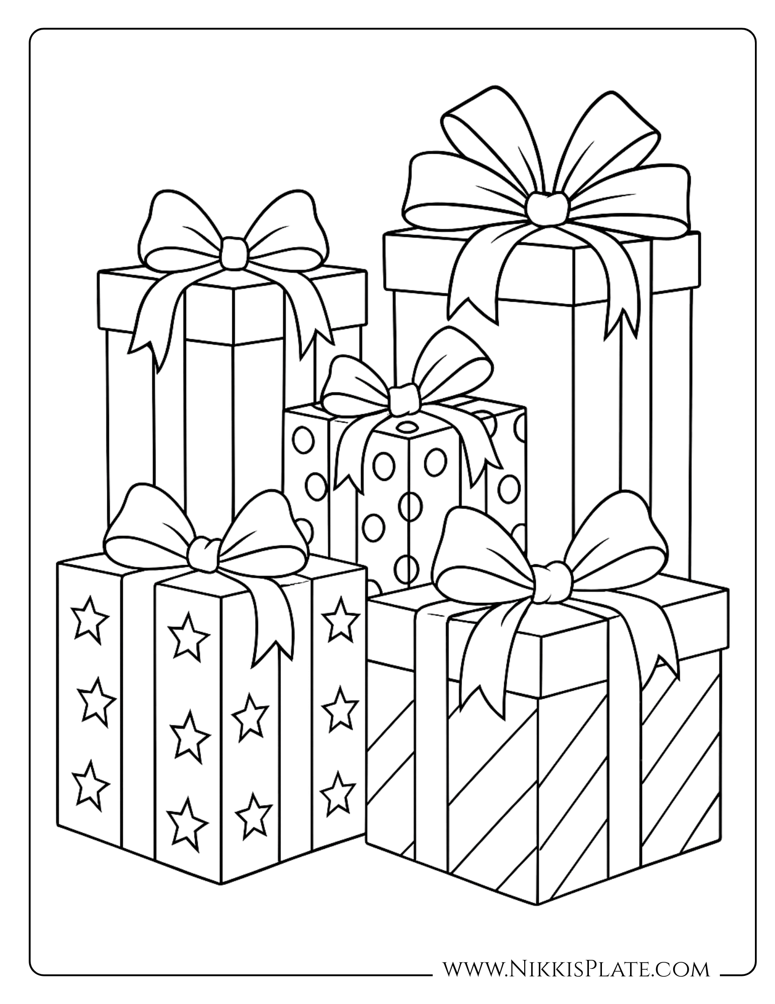 Vintage Christmas coloring page showing a stack of wrapped presents with bows, stars, and polka dots. Festive free printable for kids.