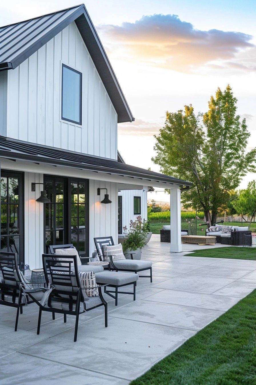 Modern farmhouse backyard with white board-and-batten siding, black trim, and a spacious concrete patio featuring outdoor lounge chairs, greenery, and cozy seating areas at sunset.