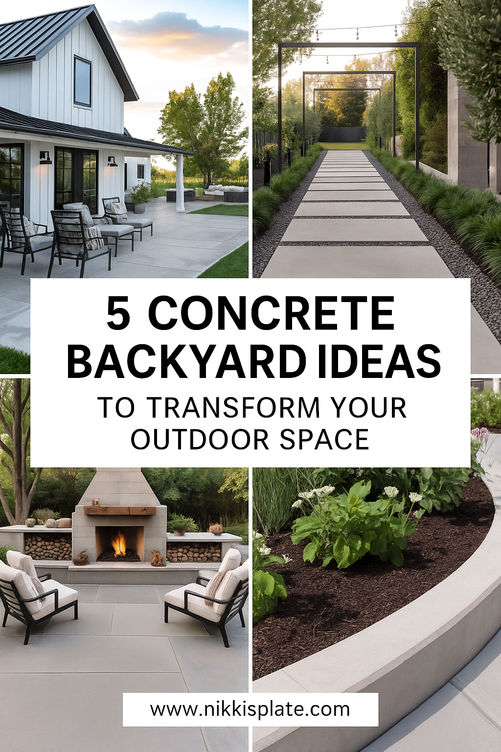Pinterest collage featuring four concrete backyard ideas, including a modern farmhouse patio, a sleek concrete stepping-stone pathway, a contemporary outdoor fireplace area, and curved concrete garden edging, with the title “5 Concrete Backyard Ideas to Transform Your Outdoor Space” and www.nikkisplate.com
at the bottom.