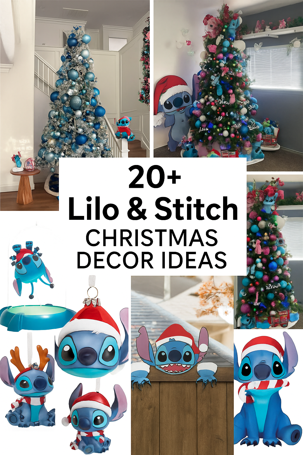 Collage pin featuring multiple Lilo & Stitch Christmas decor ideas, including Stitch-themed Christmas trees, ornaments, inflatables, and outdoor decorations, with the title 