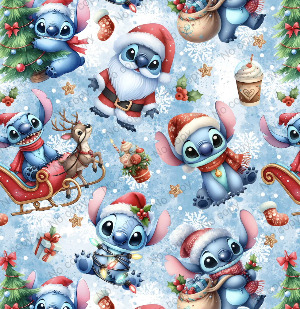 Digital seamless Christmas pattern featuring Stitch in various holiday scenes, including Santa Stitch, Stitch tangled in lights, and Stitch riding a sleigh.