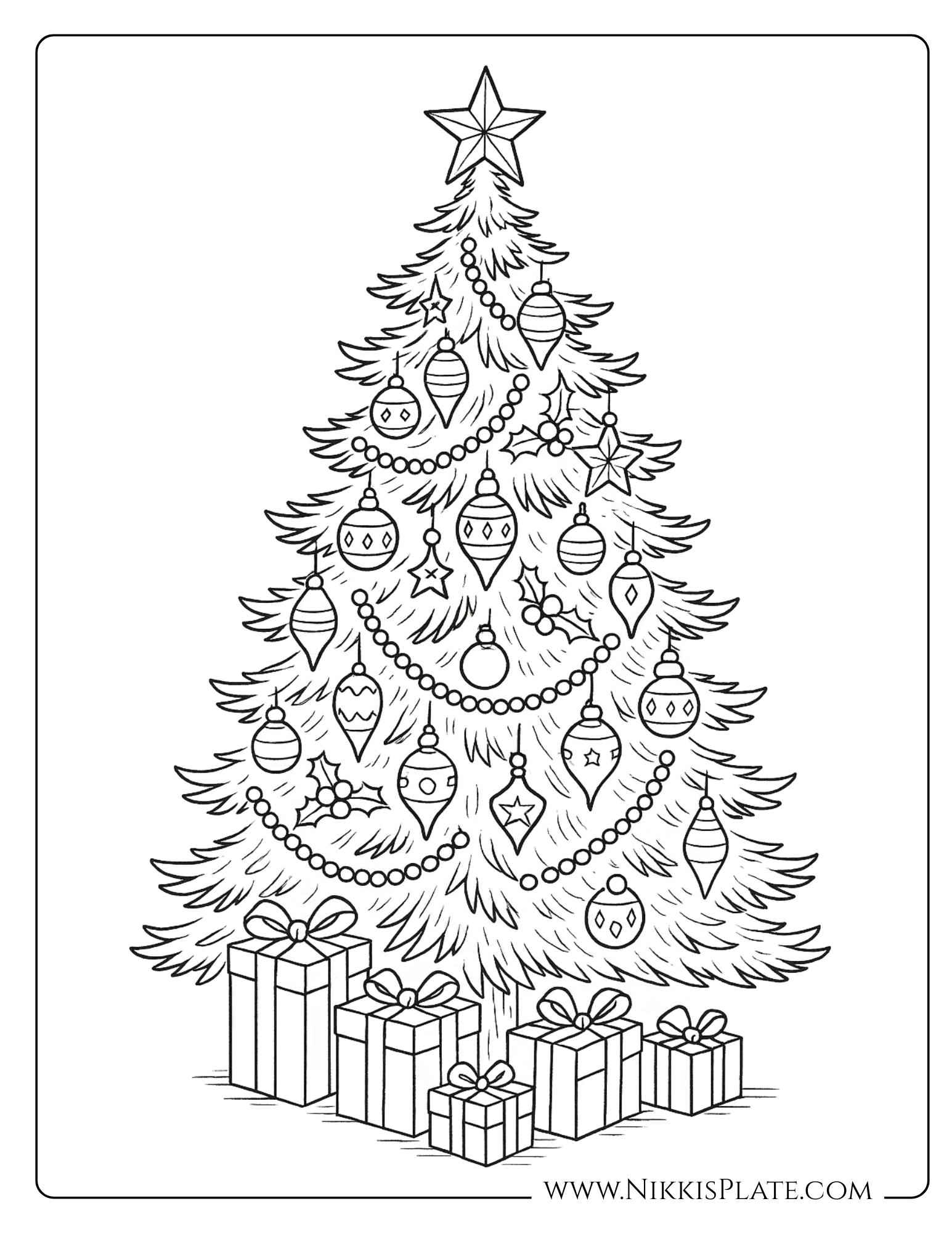 Vintage Christmas coloring page of a decorated Christmas tree with ornaments, garland, and presents underneath. Free printable holiday design.