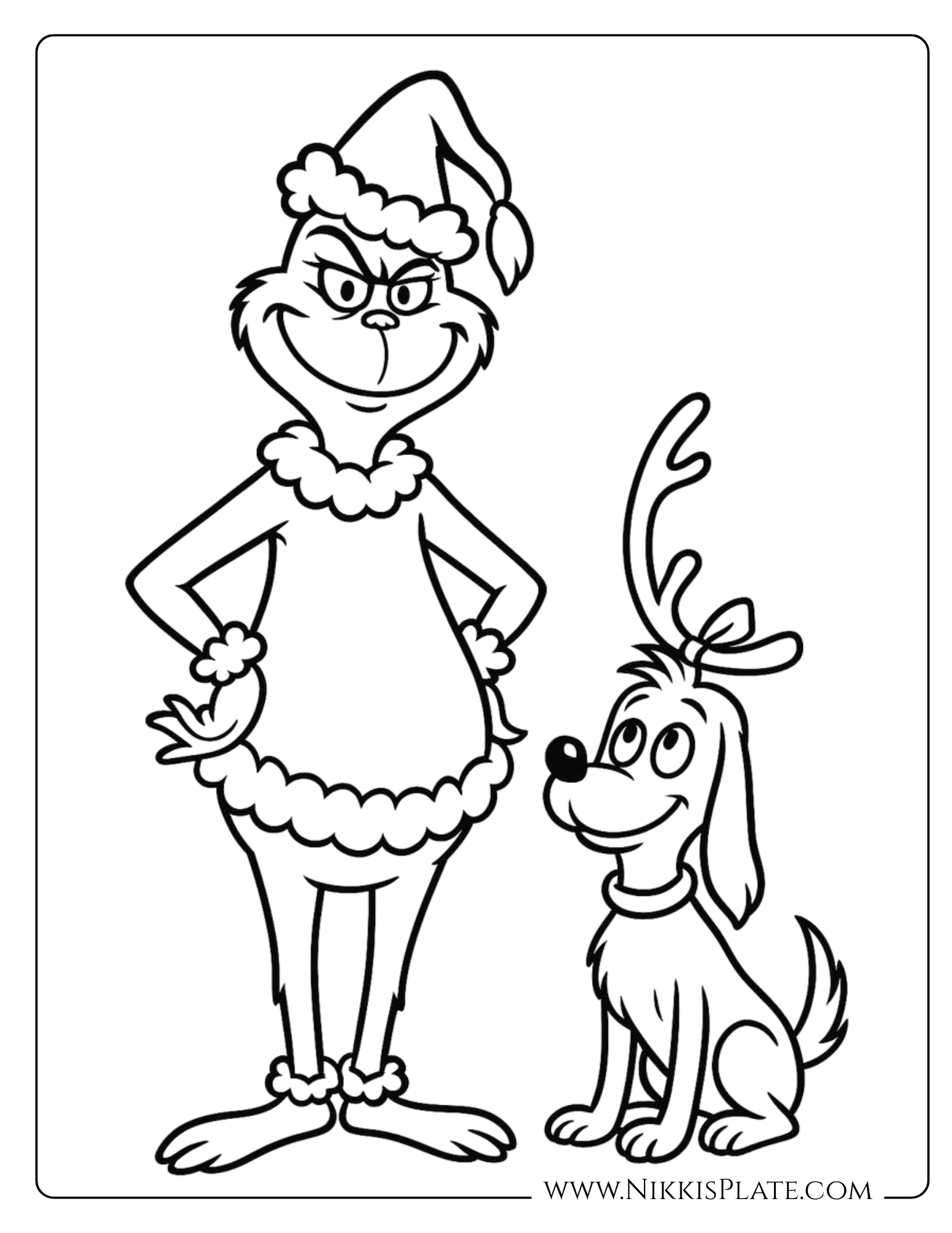 Christmas coloring page inspired by the Grinch and Max the dog wearing antlers. Fun printable holiday page for kids.