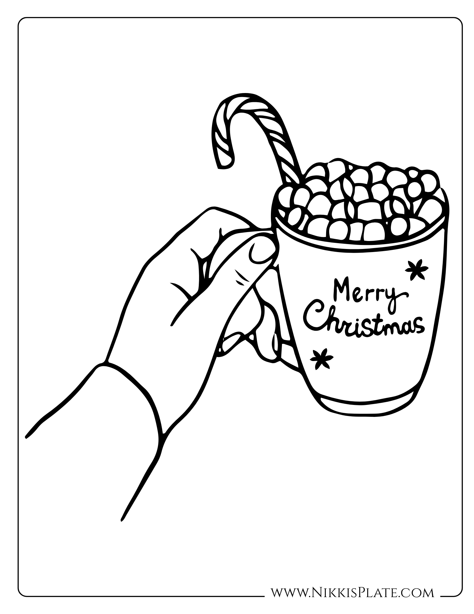 Vintage Christmas coloring page of a hand holding a mug of hot chocolate with marshmallows and candy cane. Free printable for kids.