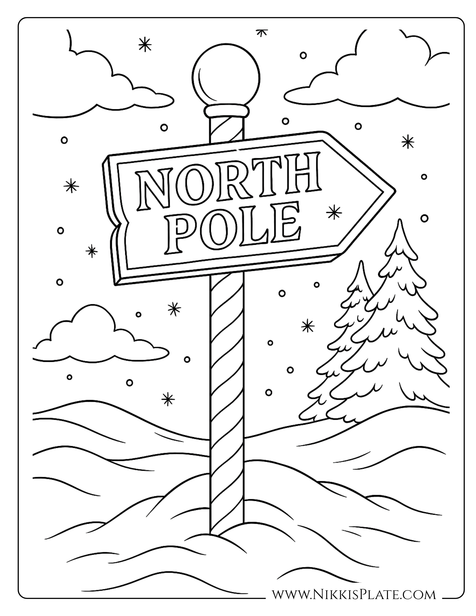 Vintage Christmas coloring page featuring a North Pole sign in snowy landscape with stars, clouds, and pine trees. Free printable holiday page.