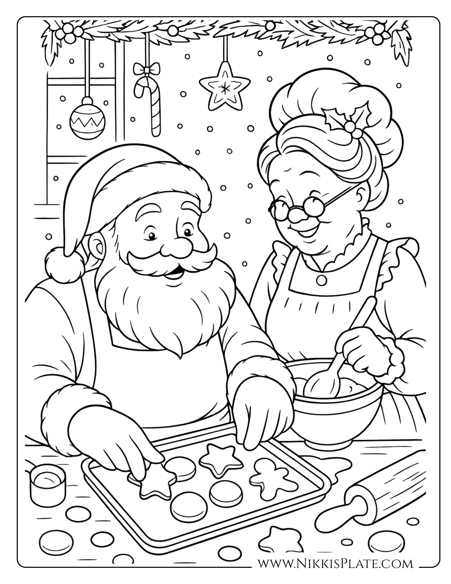 Vintage Christmas coloring page of Santa and Mrs. Claus baking cookies together in a cozy kitchen. Festive holiday printable for families.