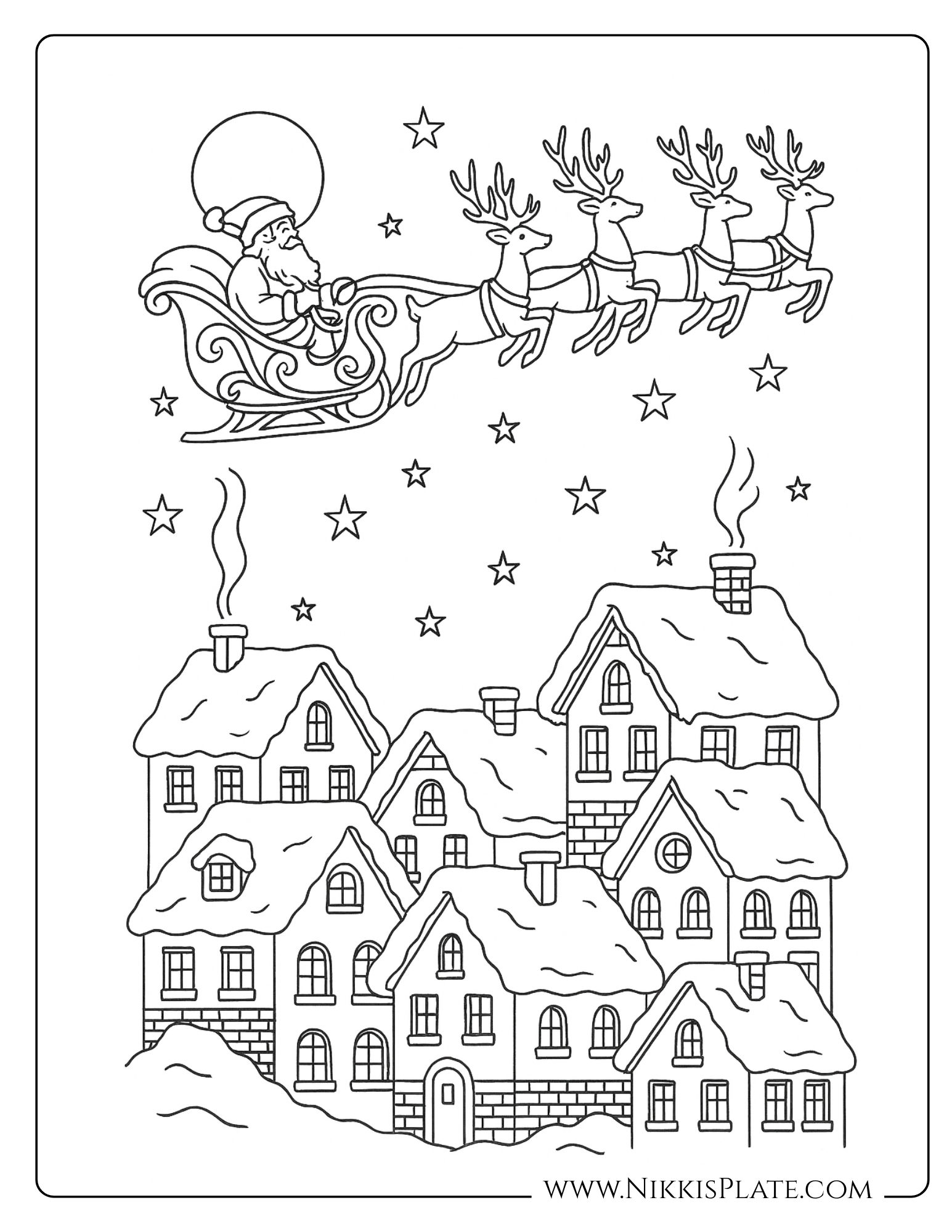 Vintage Christmas coloring page featuring Santa in his sleigh with reindeer flying over snowy rooftops and stars. Festive printable for kids