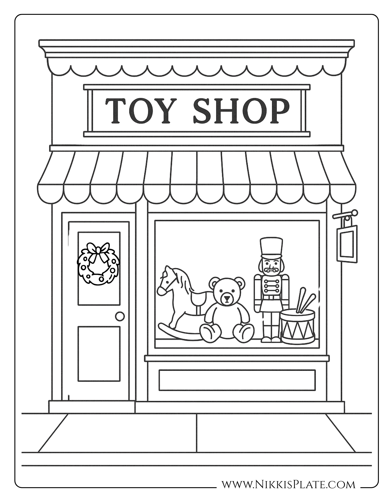 Vintage Christmas coloring page of an old-fashioned toy shop with a rocking horse, teddy bear, nutcracker, and wreath in the window. Free printable holiday page.