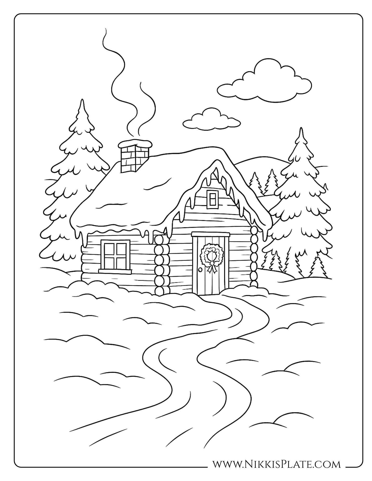 Vintage cozy winter cabin coloring page with snowy trees, chimney smoke, and peaceful landscape. Free printable holiday scene.