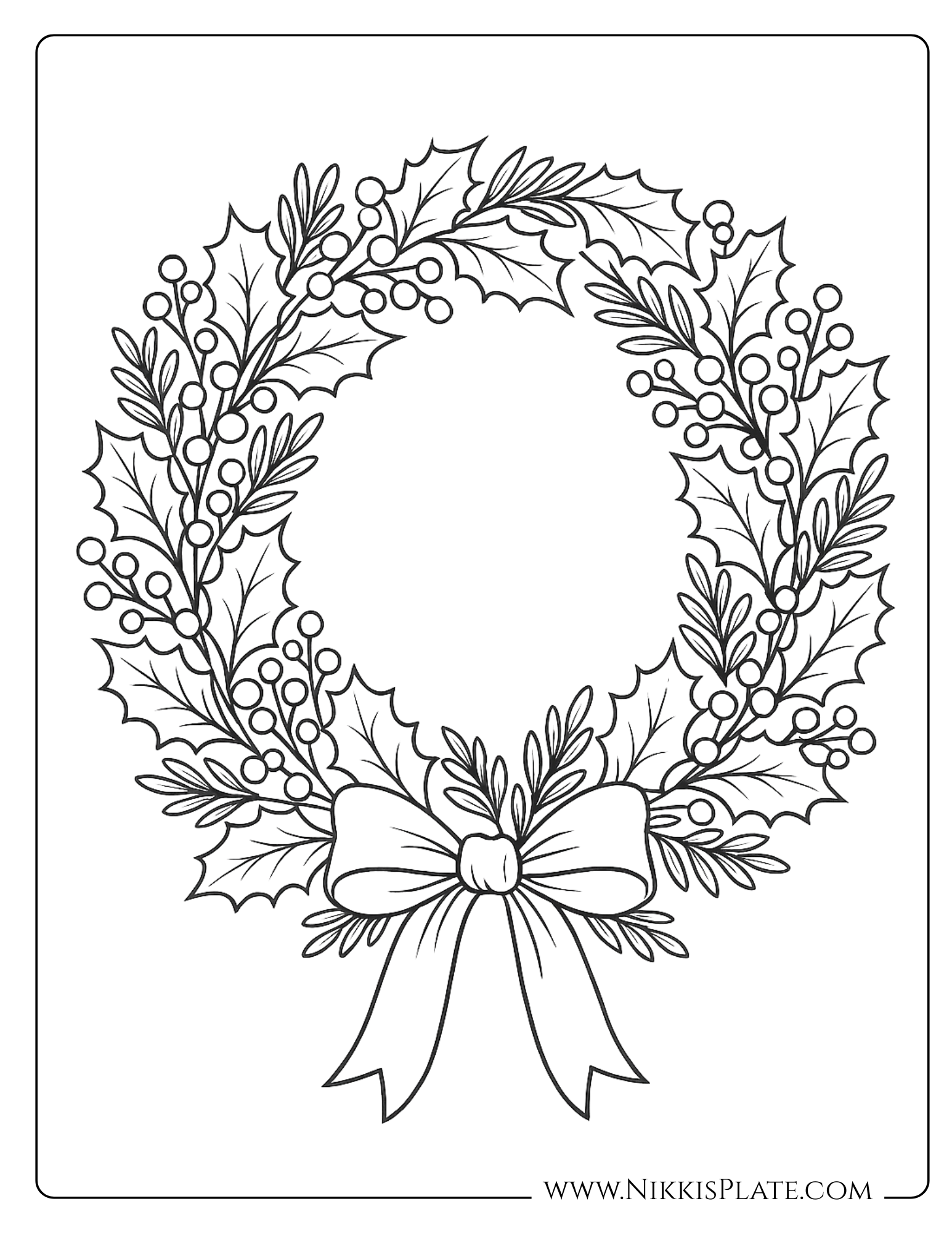 Vintage Christmas wreath coloring page featuring holly leaves, berries, and a large bow. Free printable holiday page from NikkisPlate.com.
