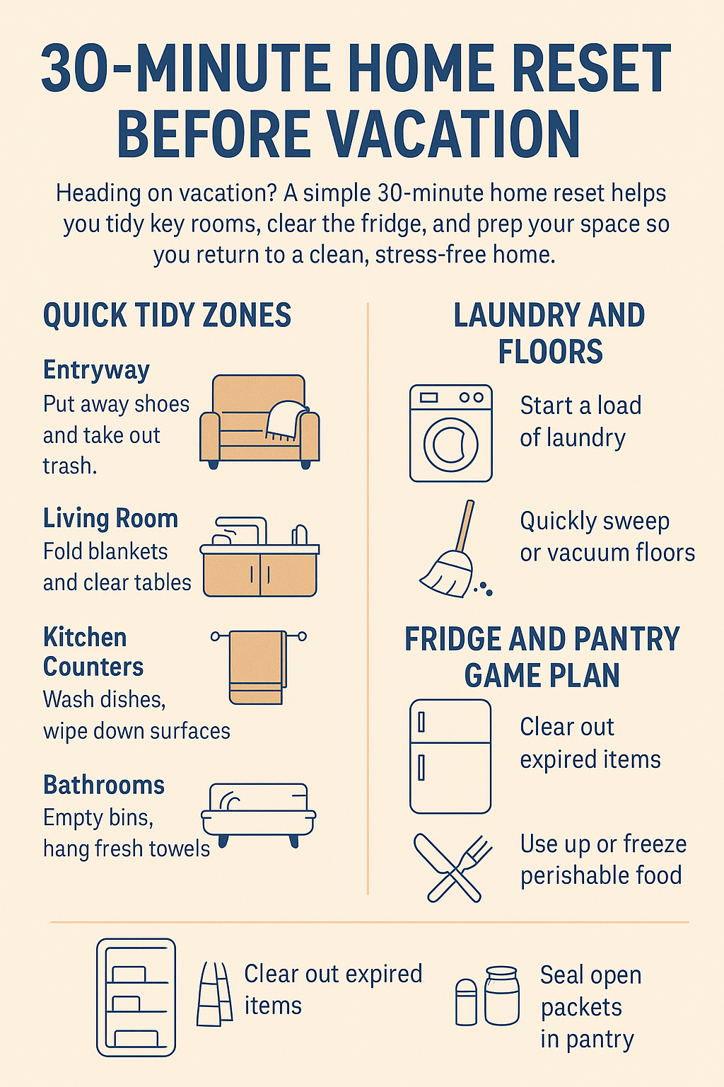 Heading on vacation? A simple 30-minute home reset before vacation helps you tidy key rooms, clear the fridge, and prep your space so you return to a clean, stress-free home.