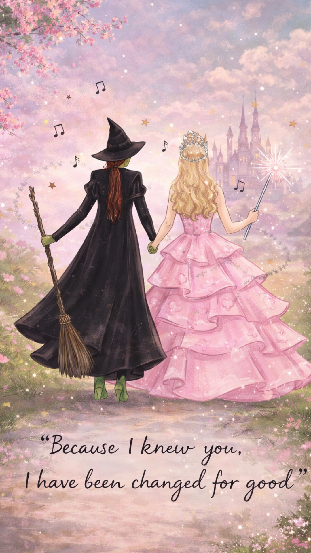 Illustration of Elphaba and Glinda holding hands from behind, walking toward a glowing castle with the quote