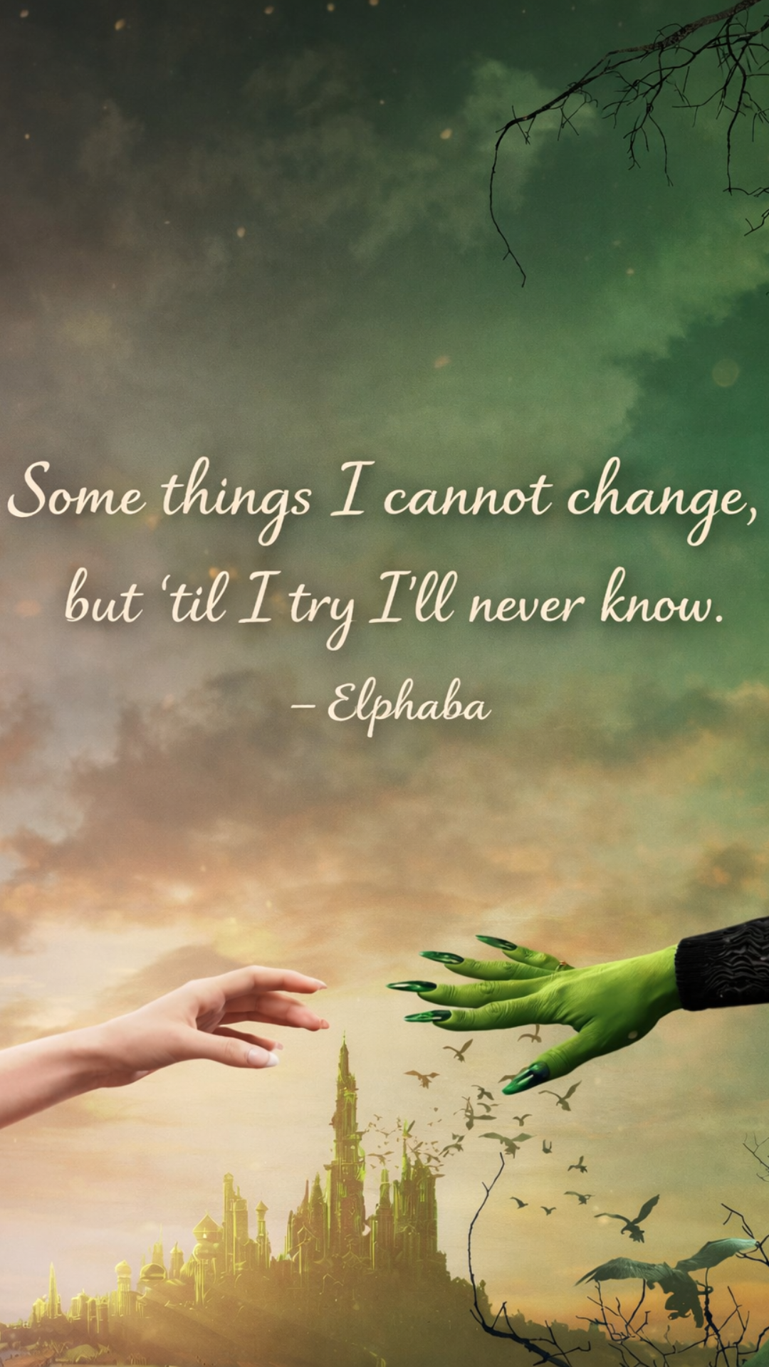 Wicked iPhone background featuring Elphaba's quote about change with Emerald City in the background.