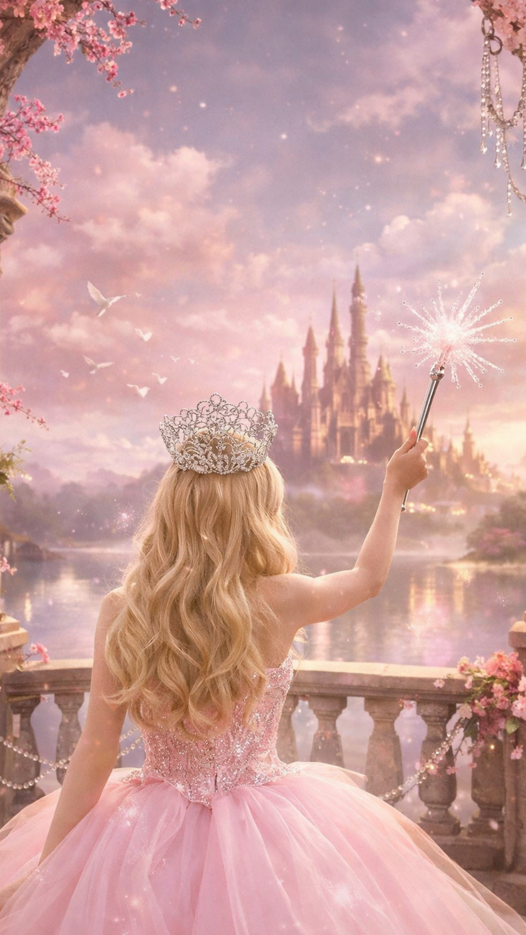 Glinda the Good Witch in a pink dress holding a sparkling wand overlooking a castle, dreamy Wicked iPhone wallpaper.