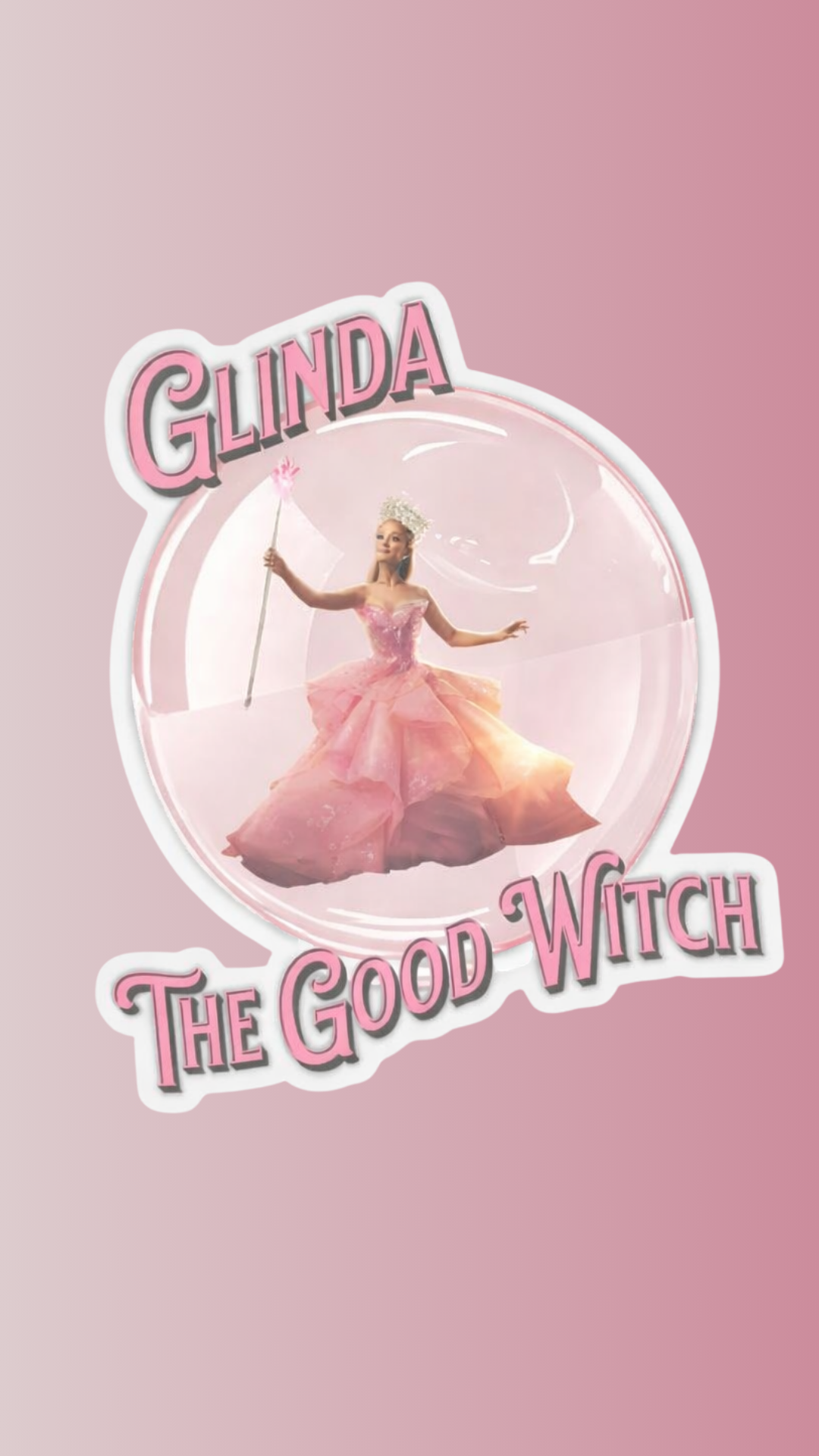 Glinda the Good Witch in a pink gown holding a wand inside a bubble, styled as a whimsical Wicked-inspired iPhone background.