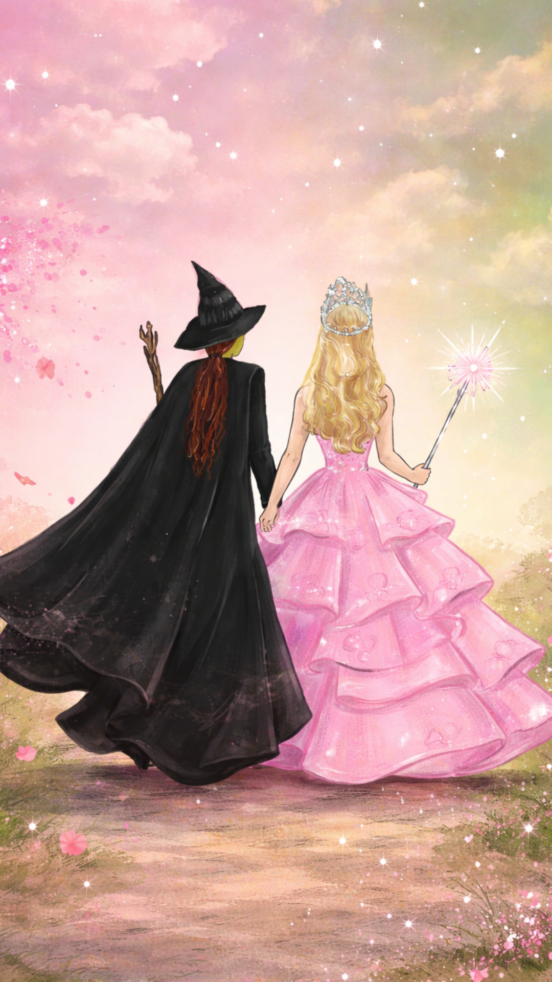 Soft pastel illustration of Elphaba and Glinda holding hands from behind, symbolizing friendship and transformation in Wicked.