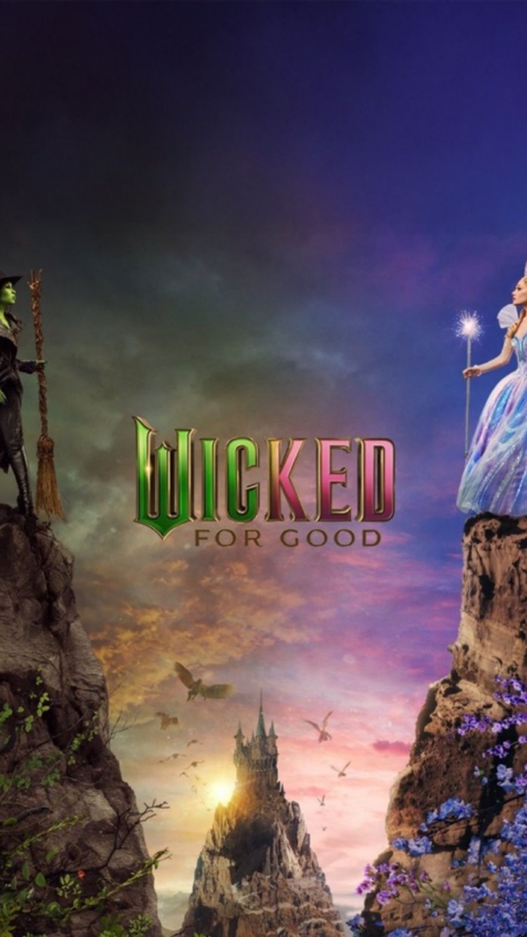 Glinda and Elphaba facing each other across cliffs with the Wicked For Good theme, cinematic iPhone background.