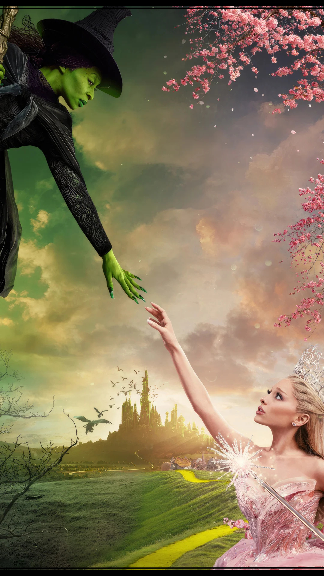 Dramatic Wicked iPhone background of Elphaba and Glinda reaching toward each other above the Yellow Brick Road with the Emerald City in the distance.