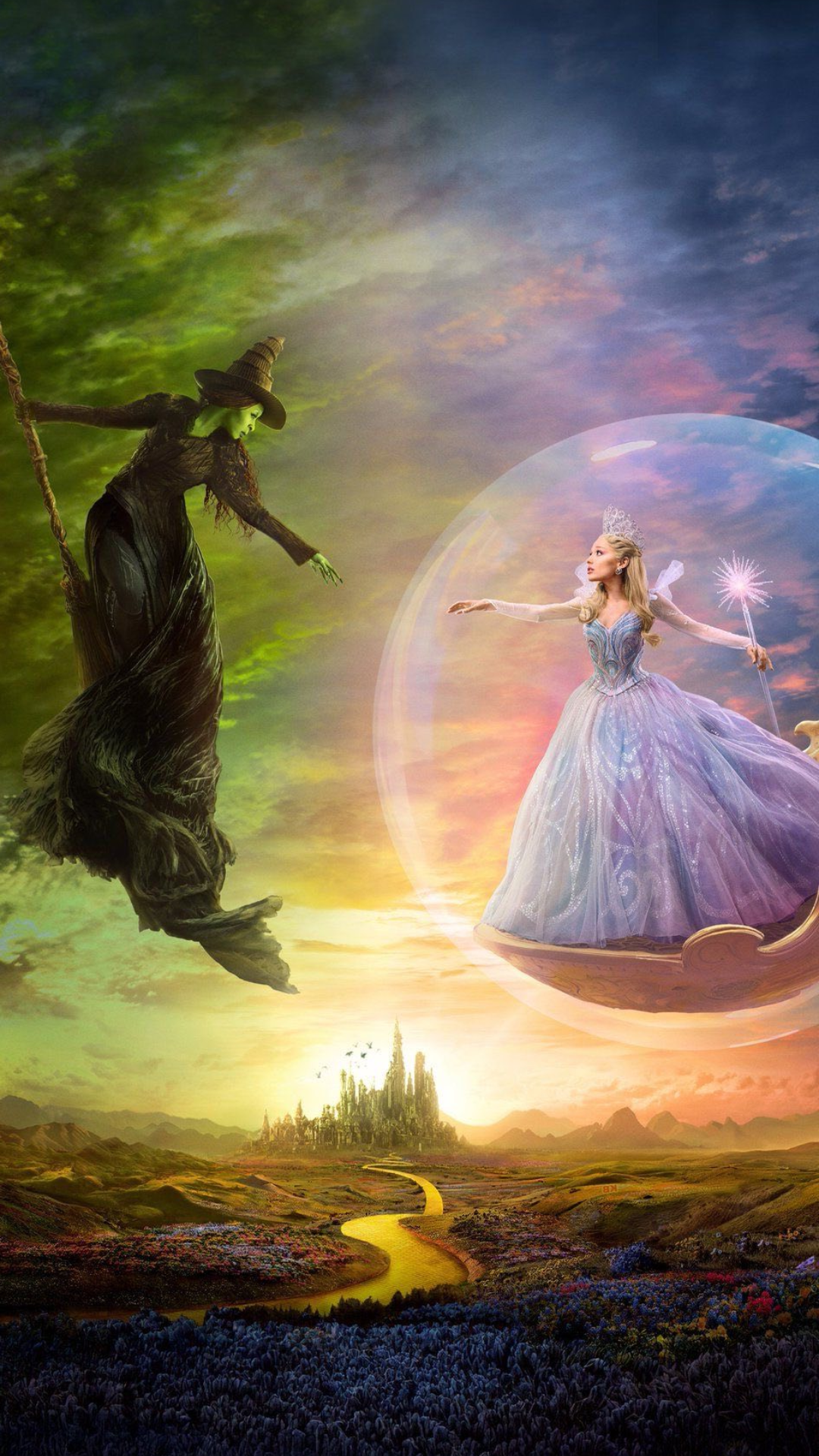 Wicked iPhone background featuring Glinda and Elphaba reaching toward each other, with Glinda inside a glowing bubble above the Yellow Brick Road and the Emerald City in the distance.