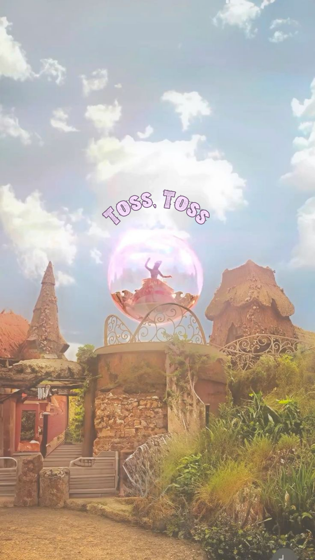 Wicked iPhone background showing Glinda floating in a magical bubble above Oz with the words