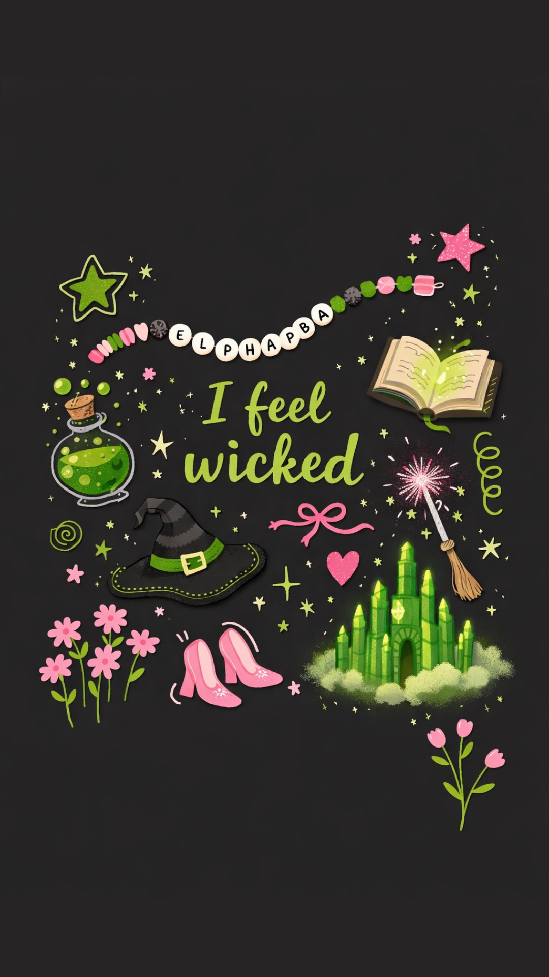Illustrated Wicked iPhone background featuring Elphaba and Glinda icons, magic symbols, and the phrase