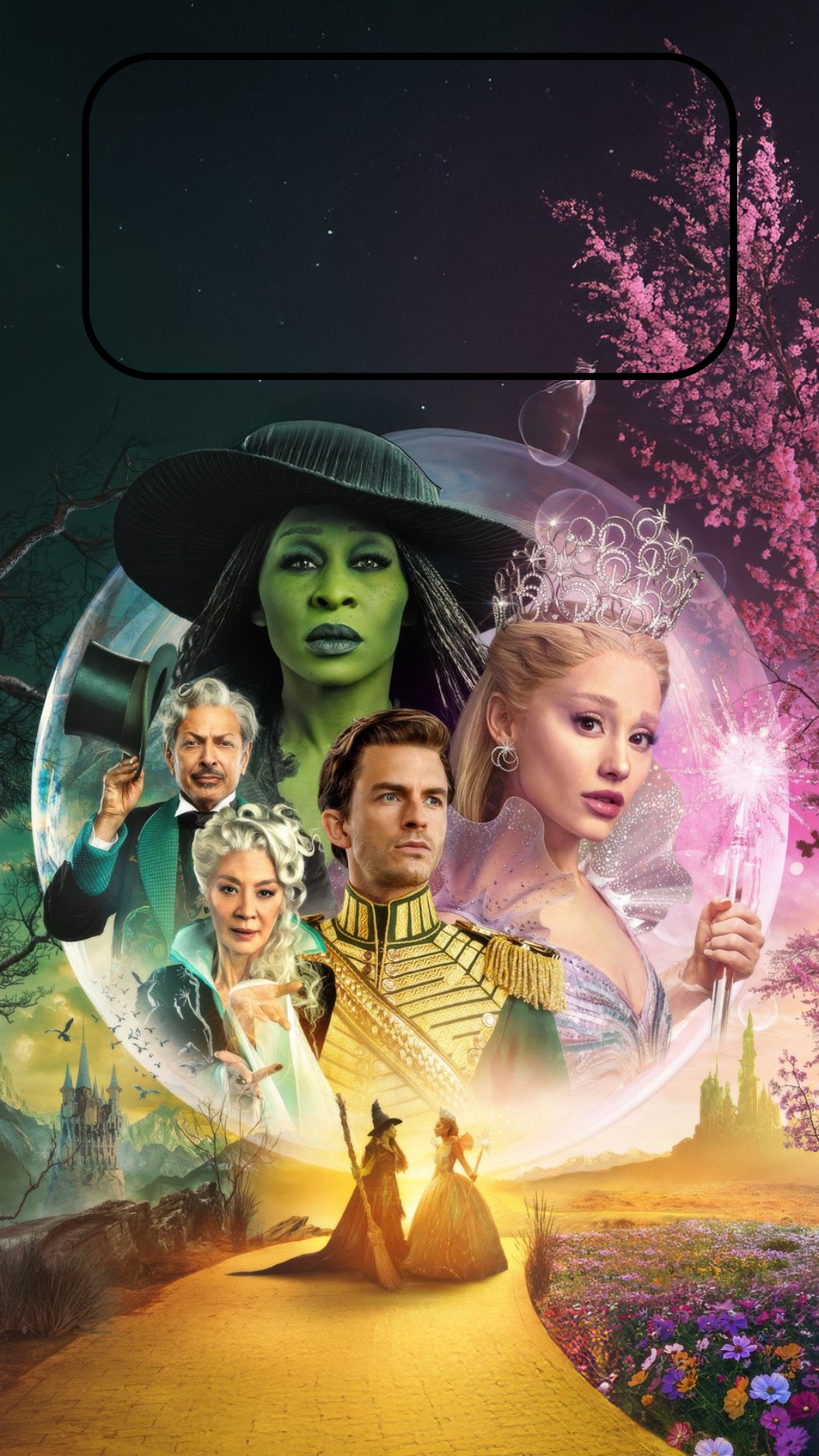 Wicked movie collage iPhone background showing Glinda, Elphaba, and supporting characters framed by the Yellow Brick Road and a magical Oz landscape.