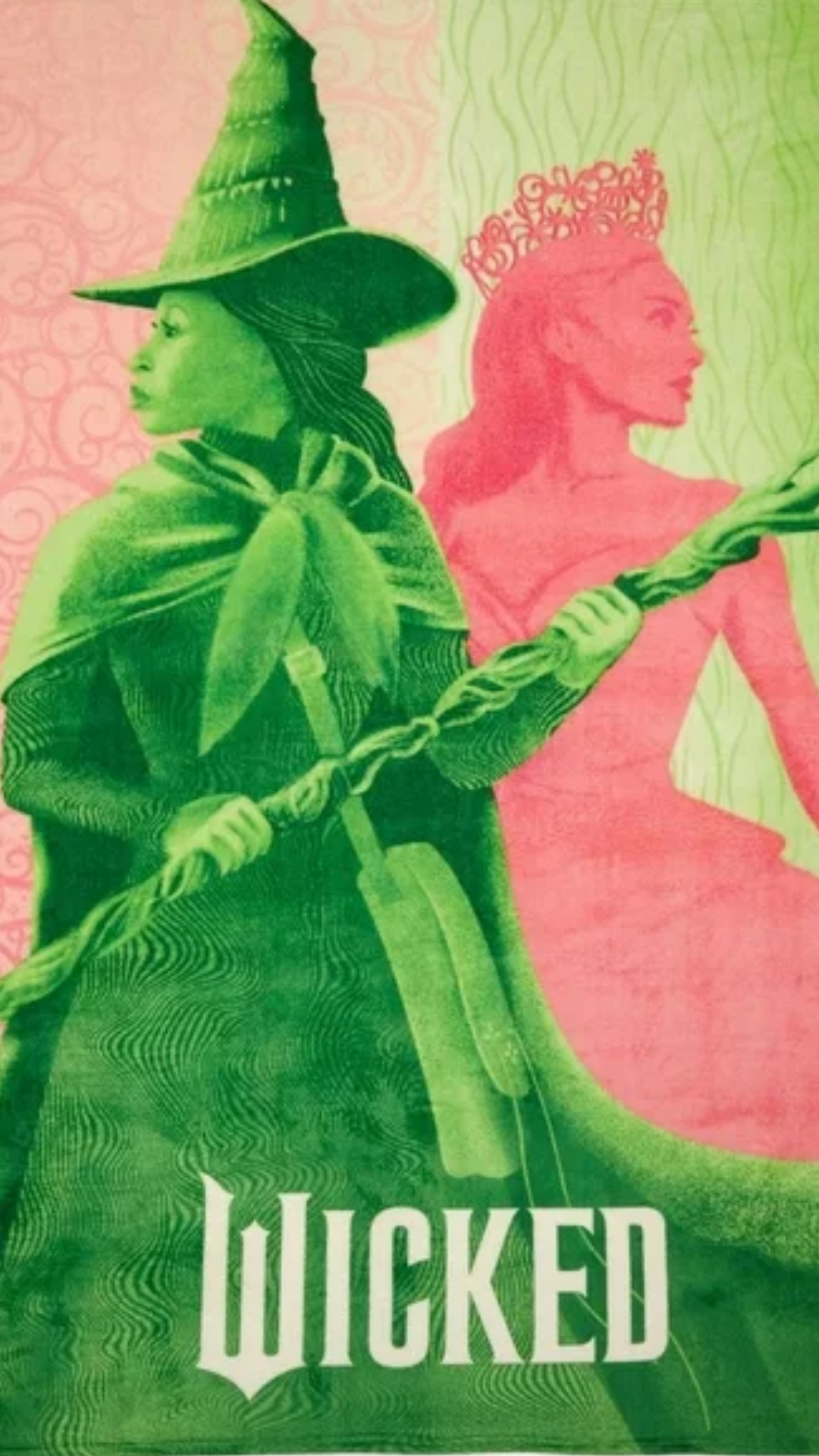 Stylized Wicked artwork featuring Elphaba in green and Glinda in pink standing back to back in a dramatic, vintage poster design.