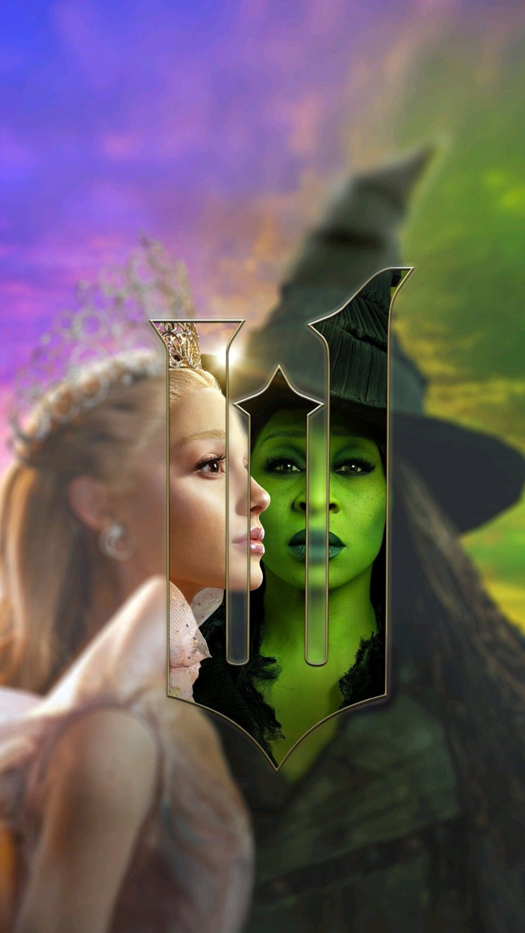 Dramatic Wicked iPhone background featuring Glinda and Elphaba facing each other in a cinematic poster style.
