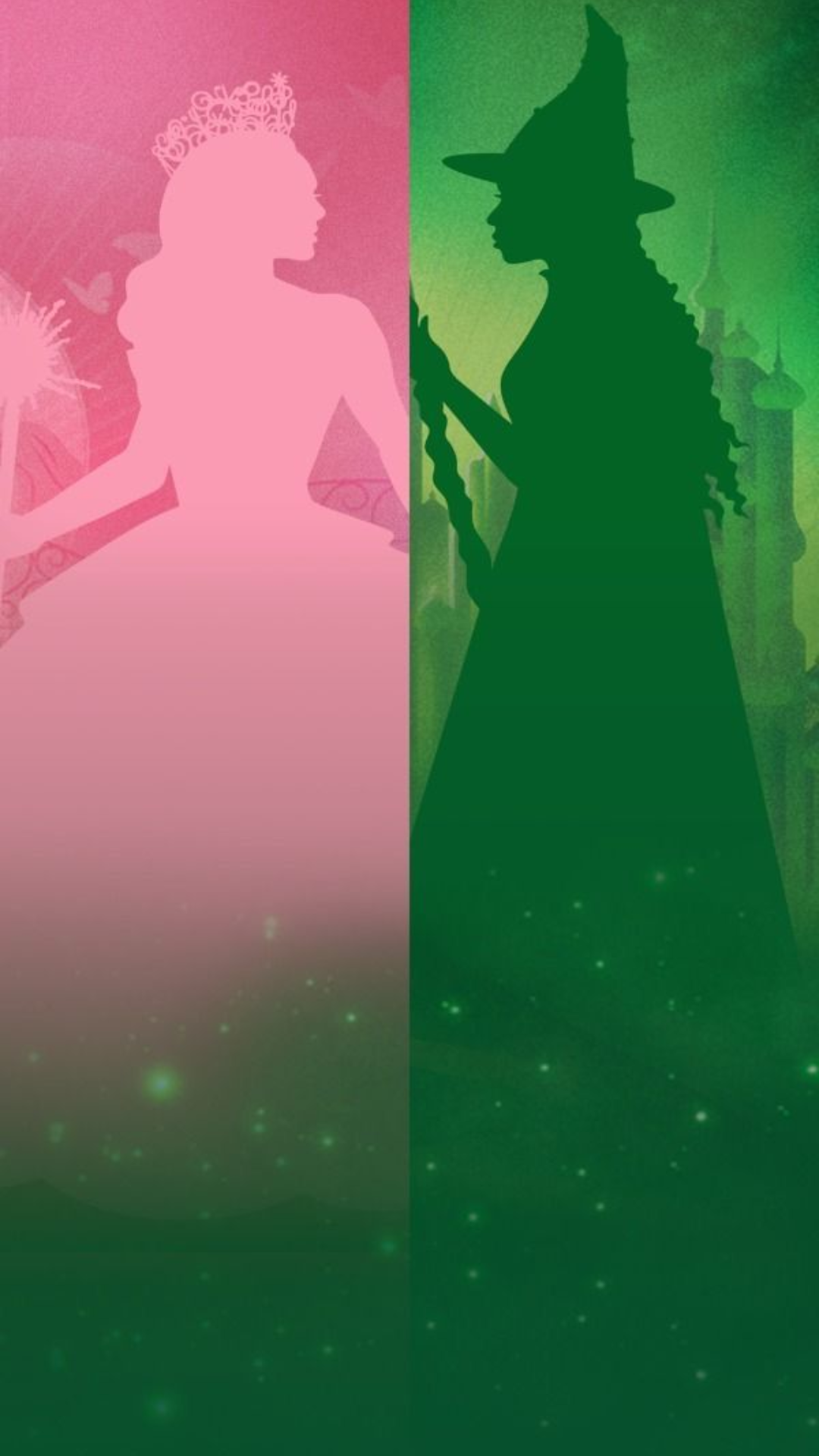 Pink and green split iPhone background featuring silhouette profiles of Glinda and Elphaba from Wicked.