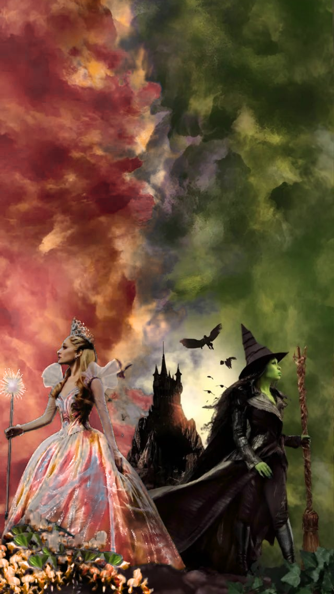 Dramatic Wicked iPhone background featuring Glinda and Elphaba walking in opposite directions beneath swirling red and green skies, representing their diverging paths.
