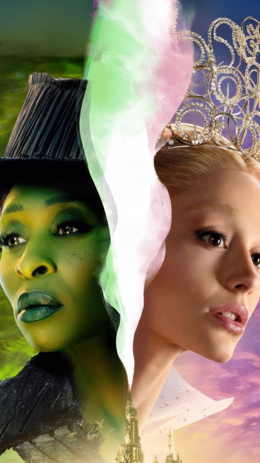 Split portrait iPhone background from Wicked featuring Elphaba on one side and Glinda on the other, symbolizing their contrasting magic and personalities.