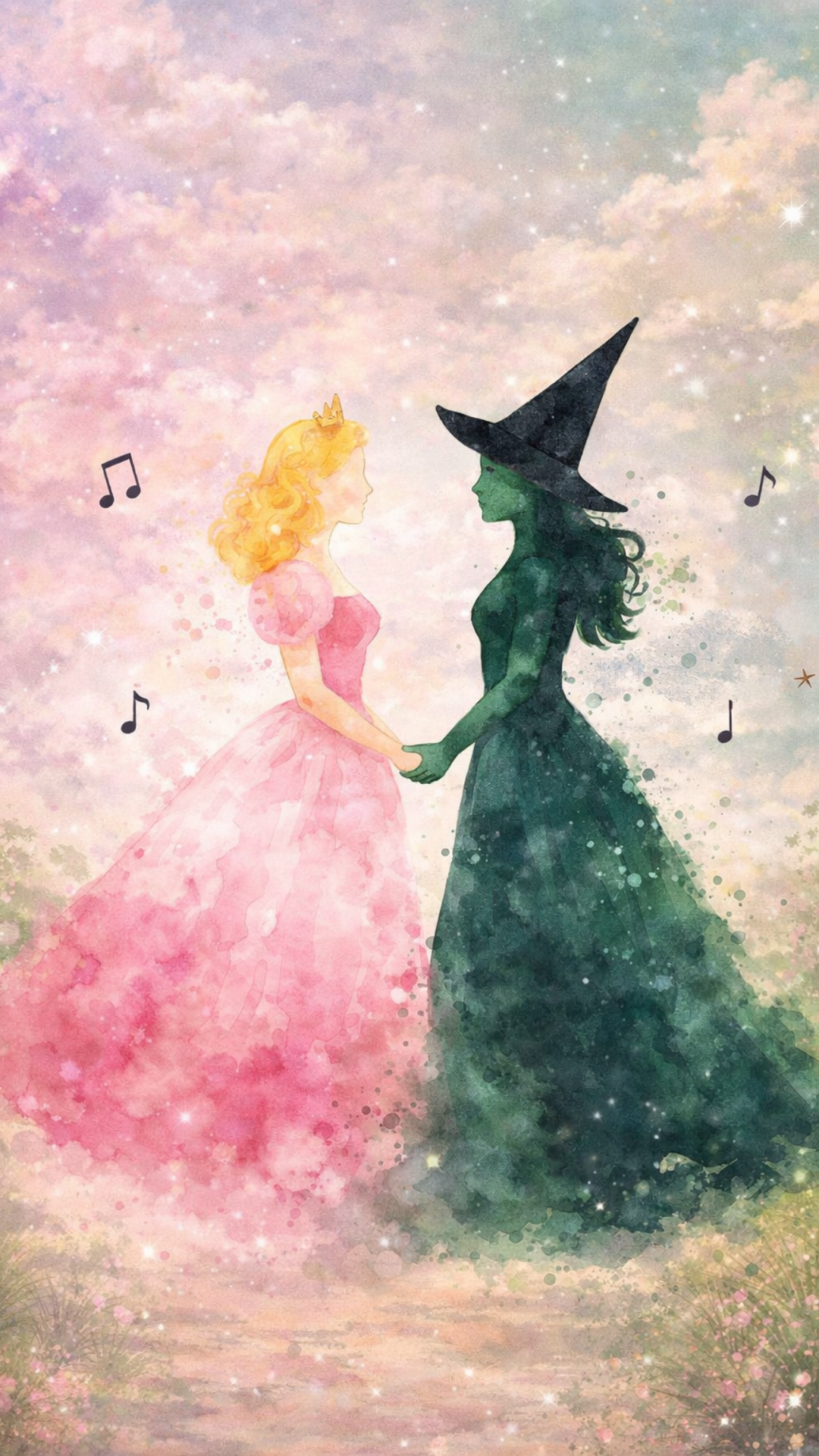 Watercolor-style illustration of Elphaba and Glinda facing each other and holding hands, representing their emotional bond in Wicked.