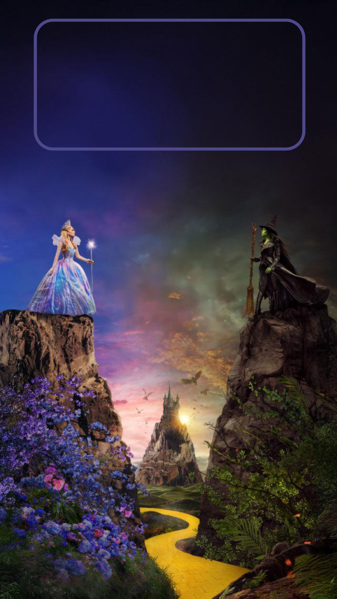 Glinda and Elphaba standing on cliffs above the yellow brick road with a castle in the distance, epic Wicked iPhone background.