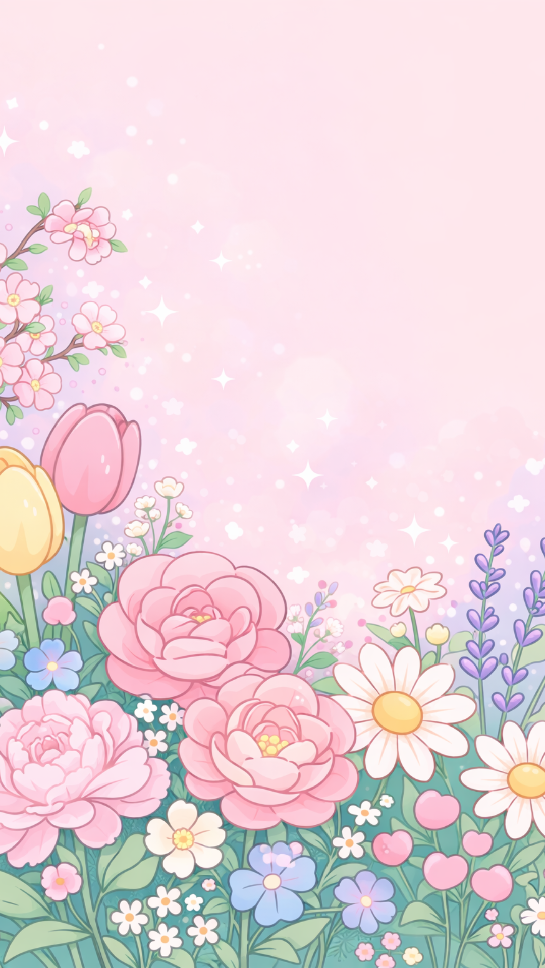 Cartoon-style floral spring iPhone wallpaper with pastel pink flowers, daisies, and soft spring colors.