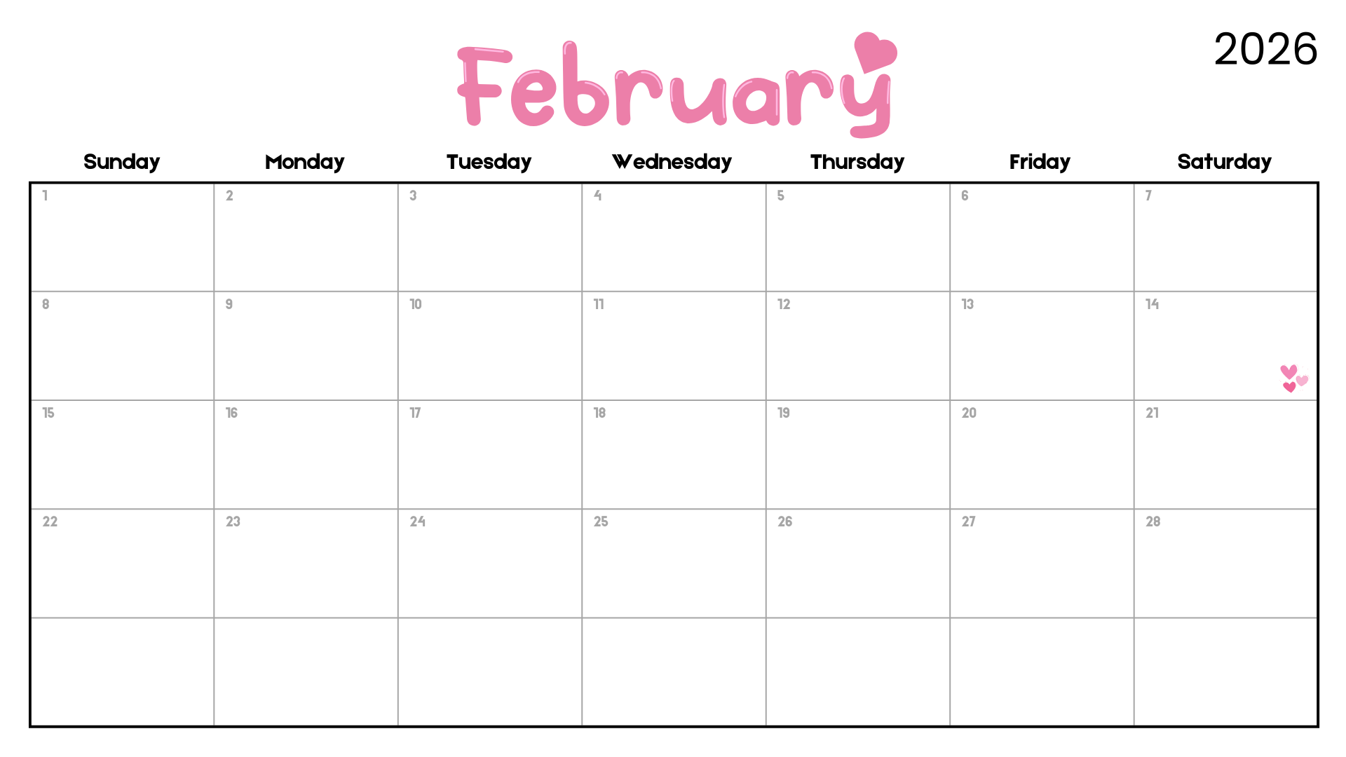 Minimalist February 2026 calendar printable with pink February title and small heart accents