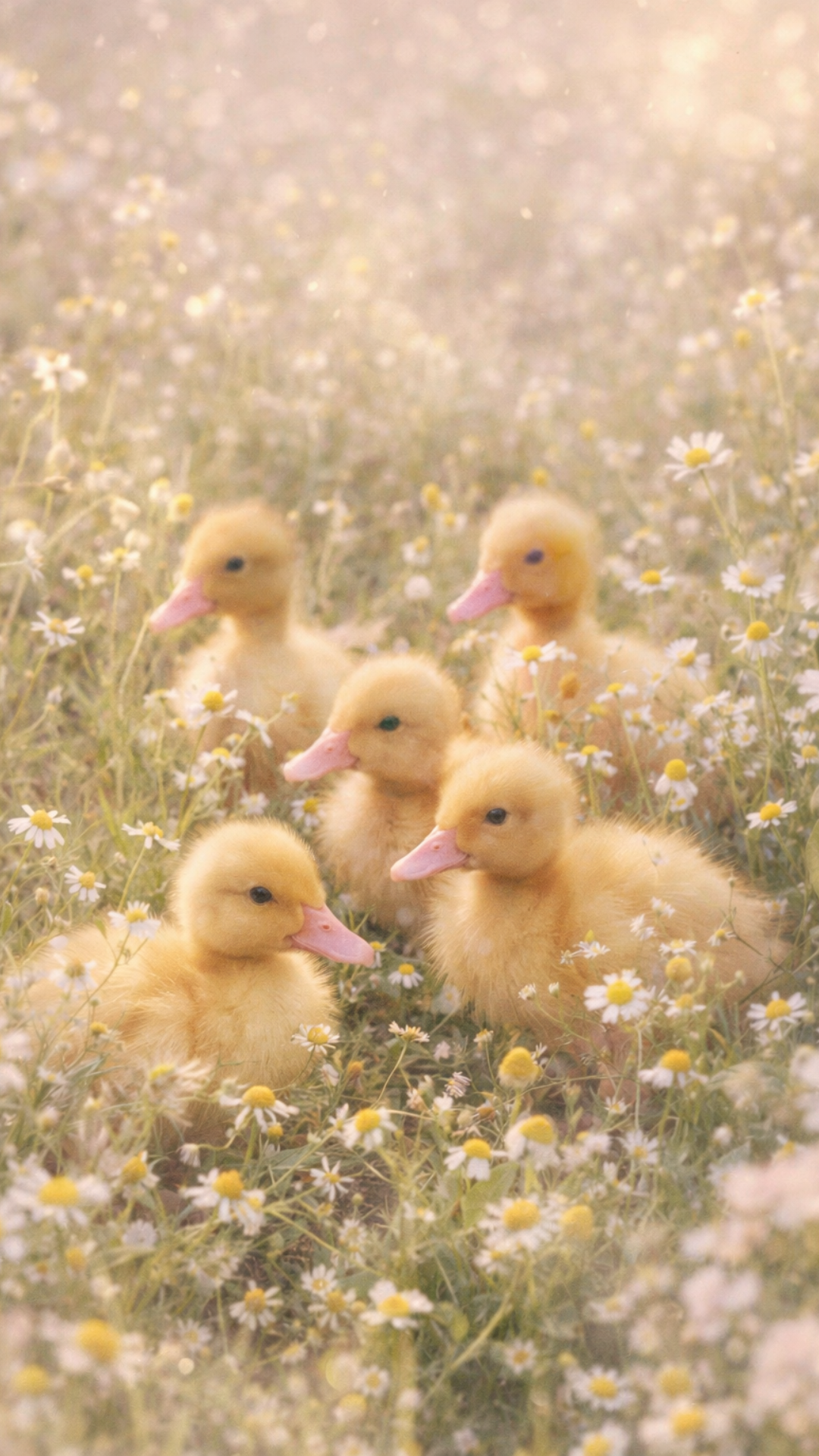 Cute spring iPhone wallpaper of baby ducklings nestled in a field of blooming white daisies.