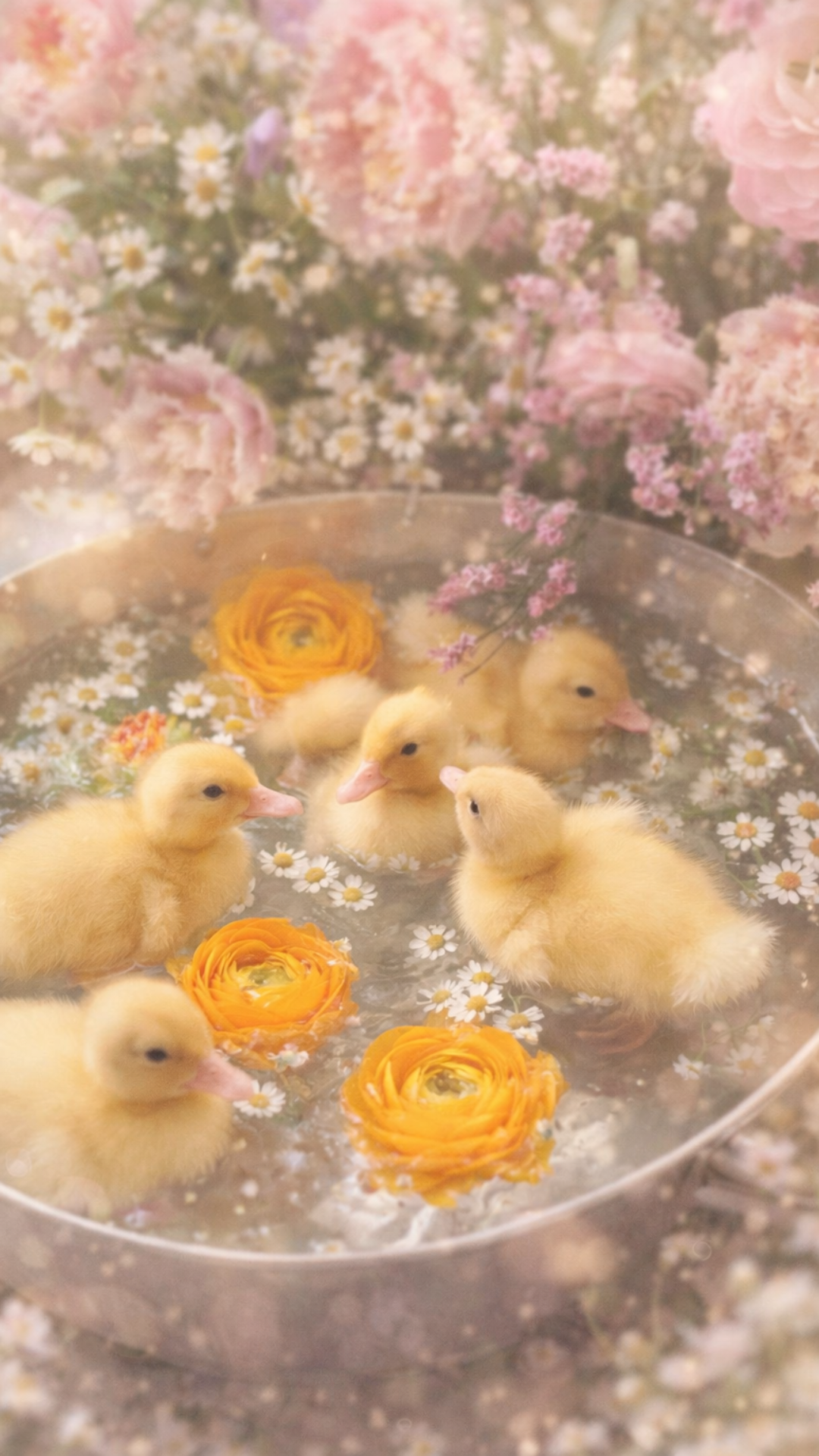 Cute spring iPhone wallpaper of fluffy yellow ducklings floating in a flower-filled bath with pastel spring blooms.