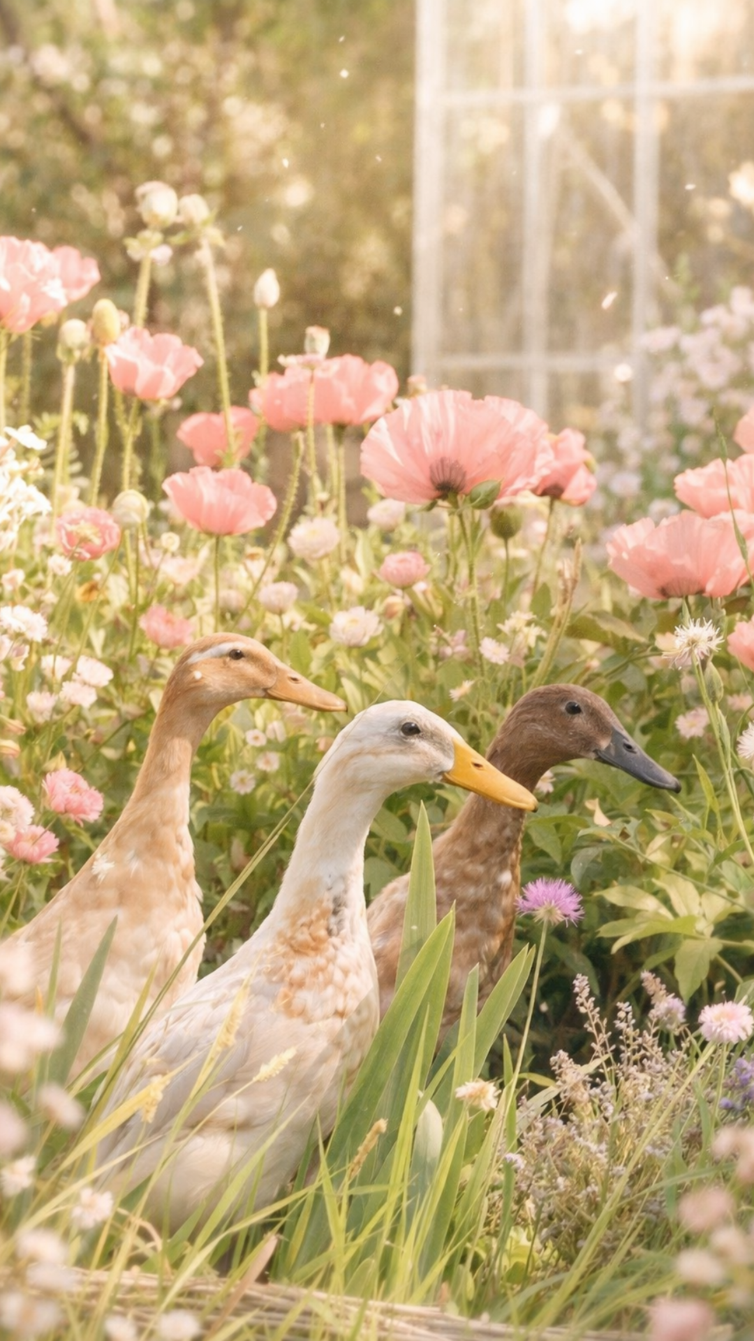 Cute spring iPhone wallpaper of three ducks standing in a blooming garden filled with pink spring flowers.