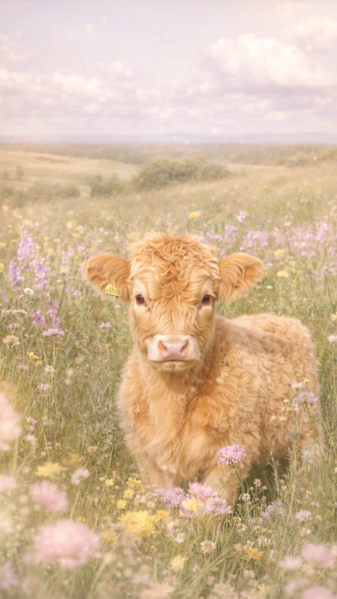 Cute spring iPhone wallpaper of a fluffy highland calf surrounded by soft pastel wildflowers.