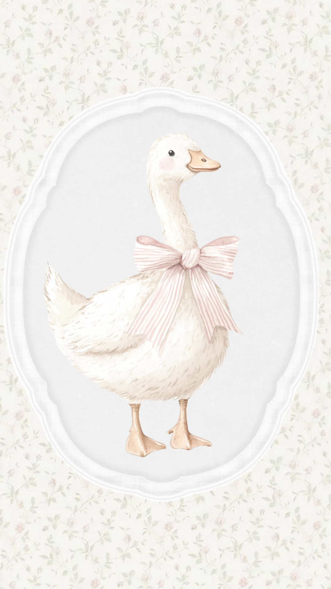 Farmhouse Easter iPhone wallpaper featuring a white duck with a pink bow inside a soft vintage frame and delicate floral background.