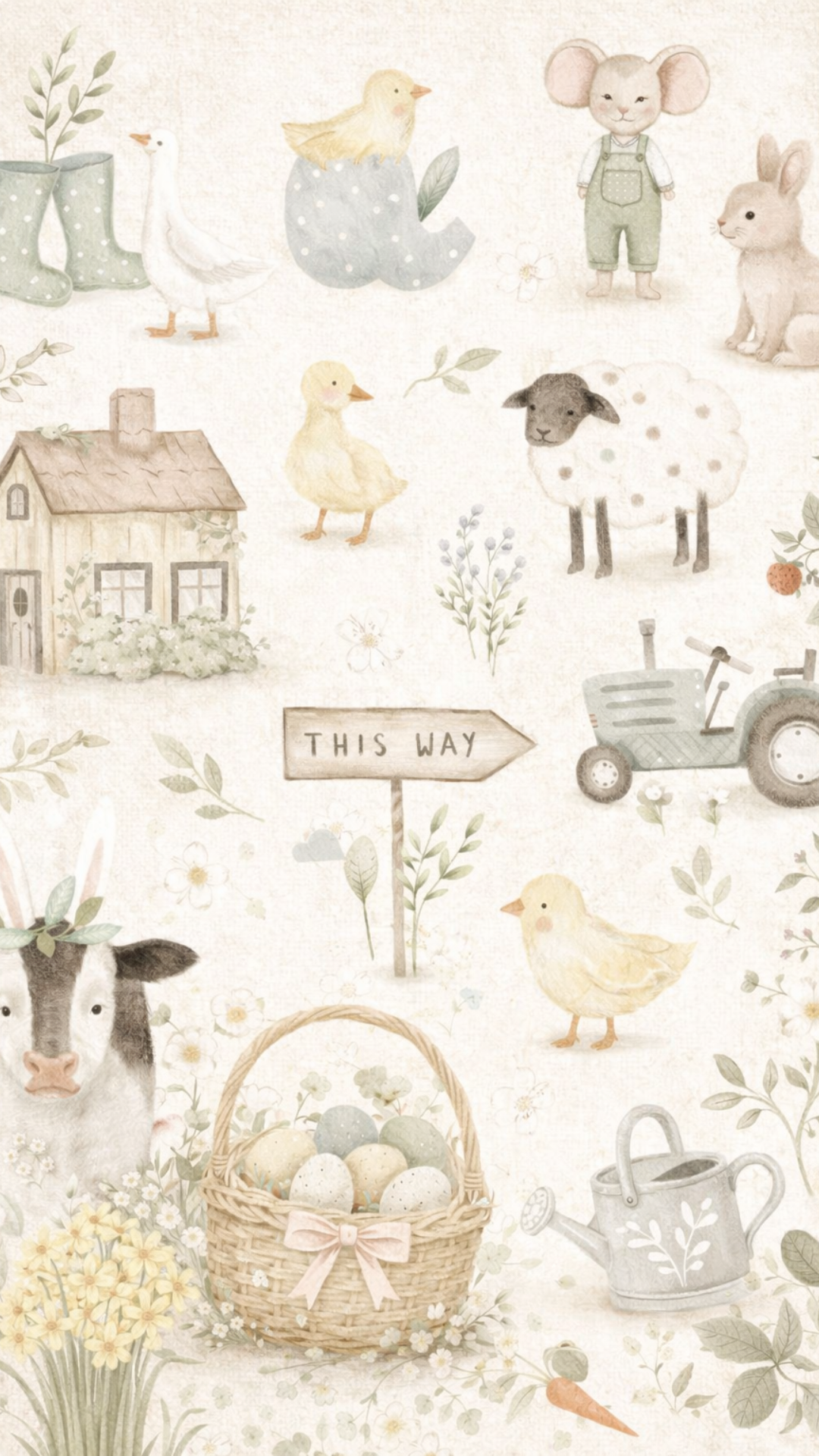 Farmhouse Easter iPhone wallpaper featuring soft watercolor farm animals, Easter eggs, baskets, flowers, and neutral spring decor on a light background.