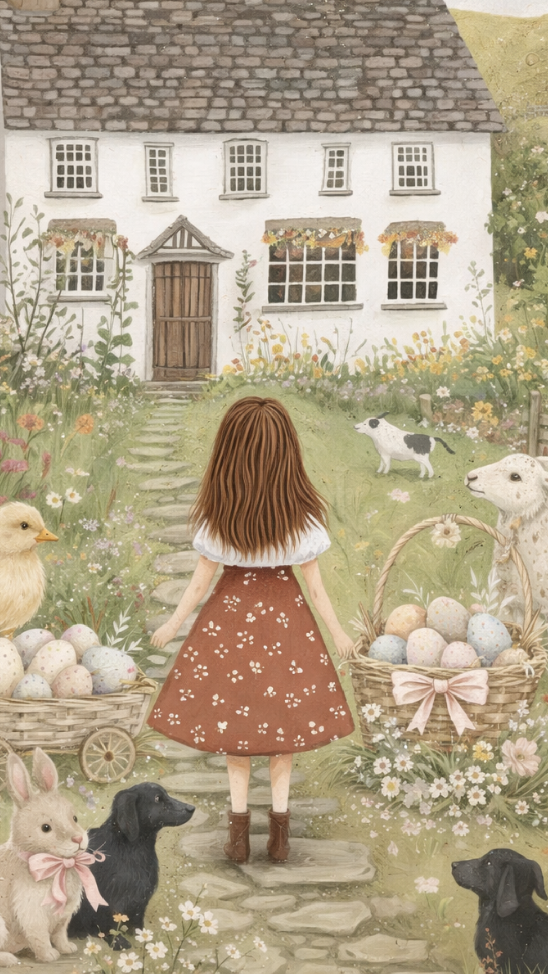 Farmhouse Easter iPhone wallpaper showing a spring cottage scene with a girl, baskets of Easter eggs, lambs, bunnies, ducks, and blooming wildflowers.