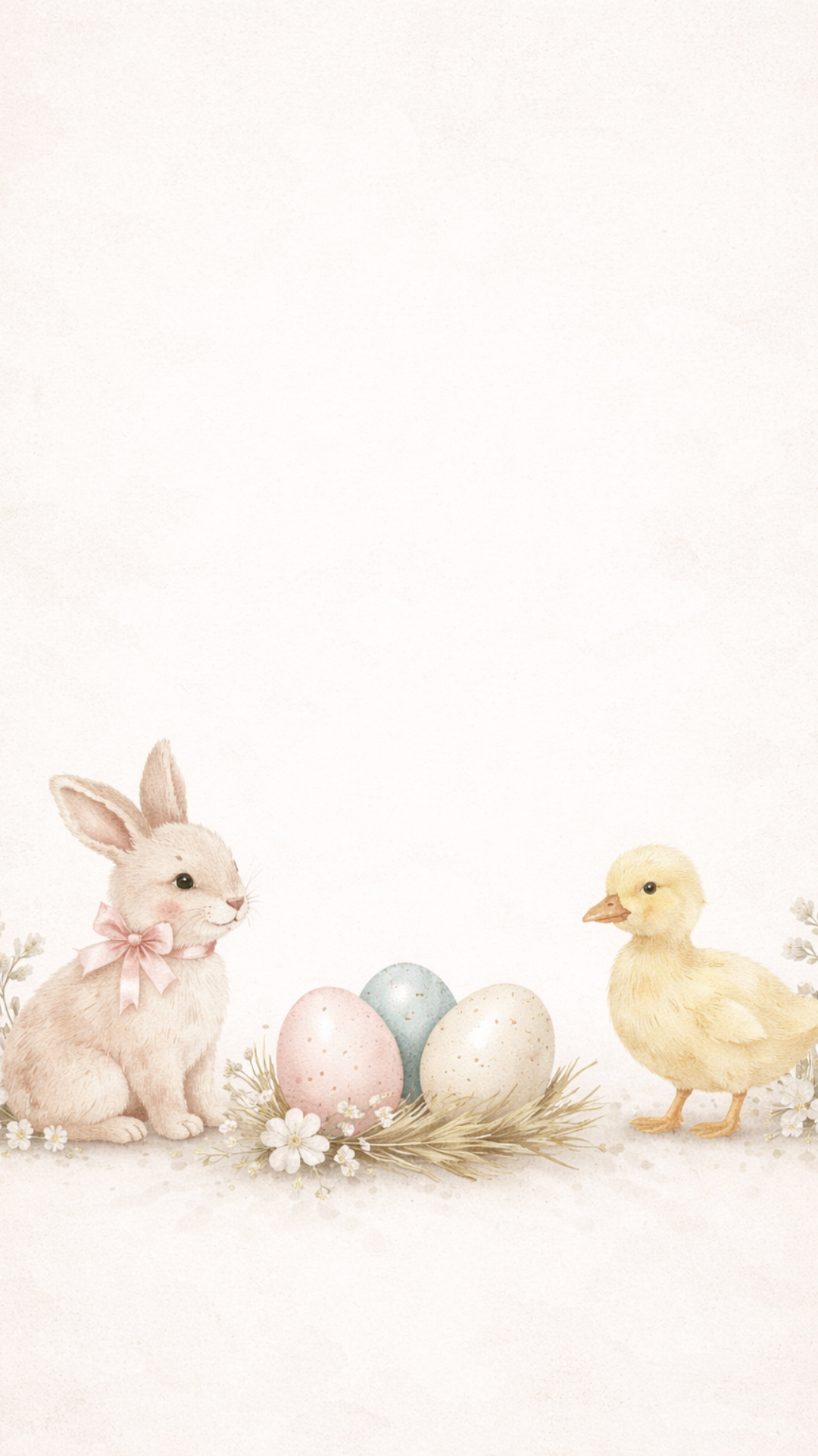 Minimal Easter iPhone wallpaper featuring a bunny, chick, and pastel Easter eggs on a neutral background