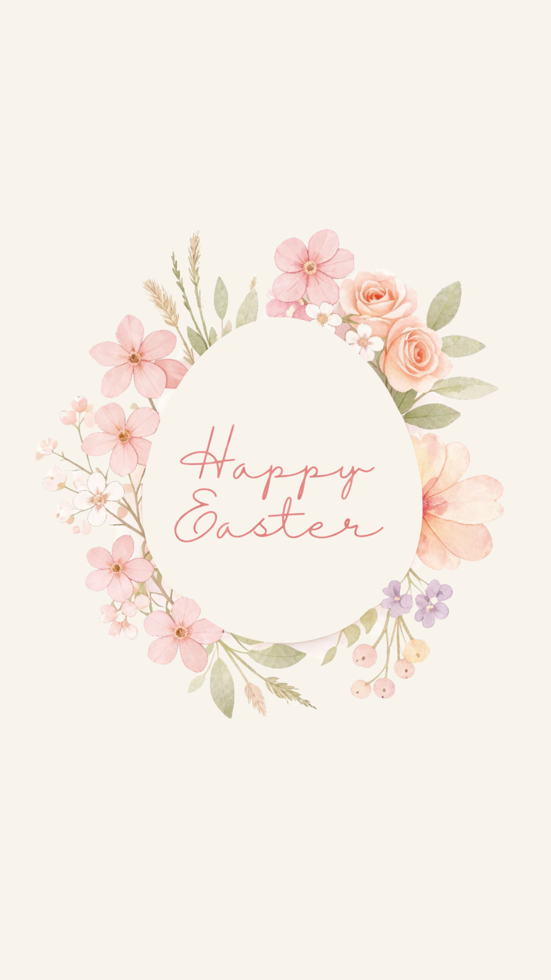 Minimal Easter iPhone wallpaper with a soft floral wreath and handwritten