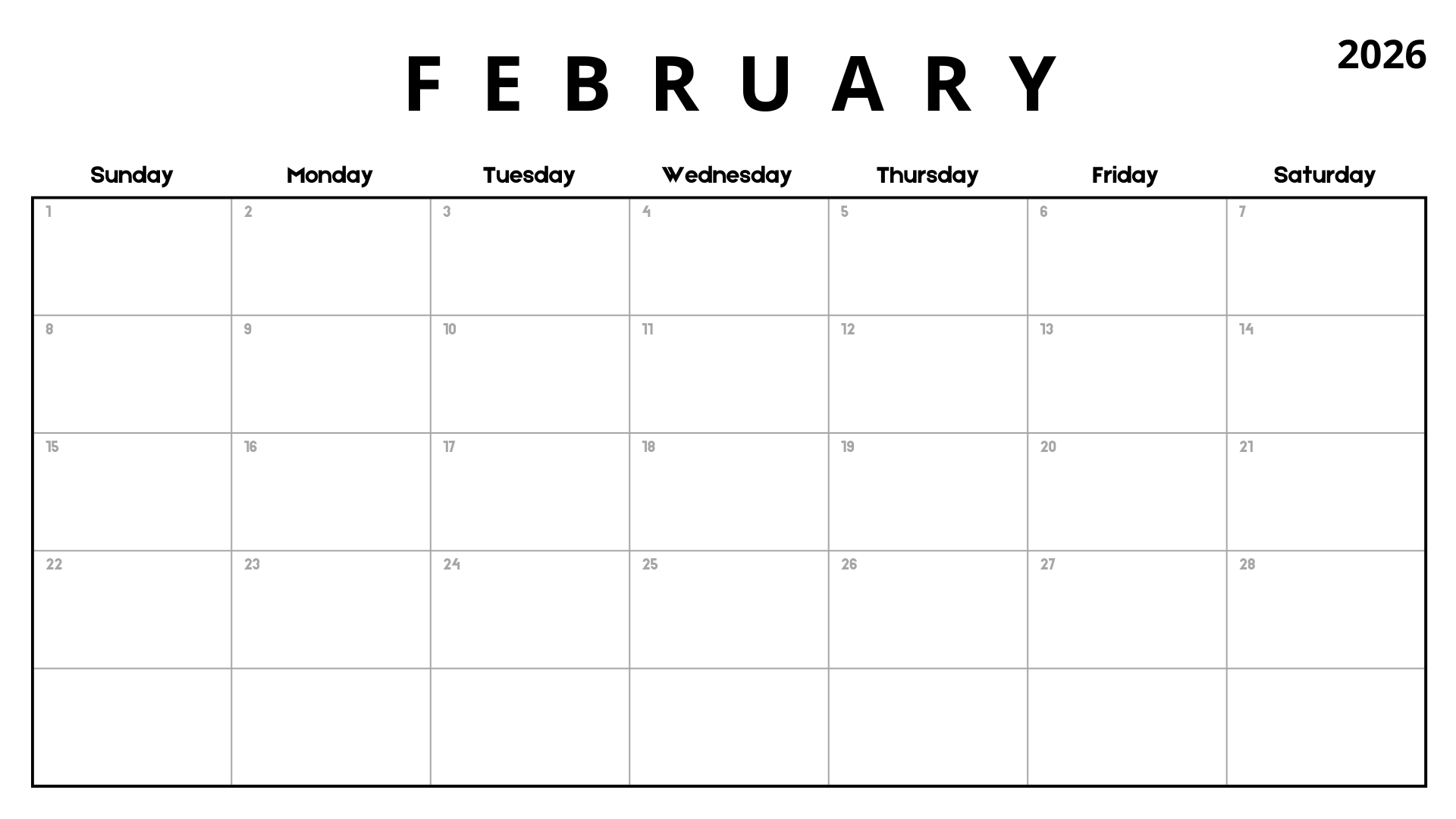 Minimalist February 2026 calendar printable with bold modern February header and clean grid layout