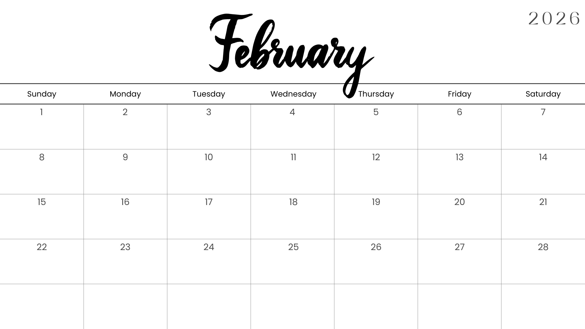 Bold script February 2026 minimalist calendar printable with clean monthly layout