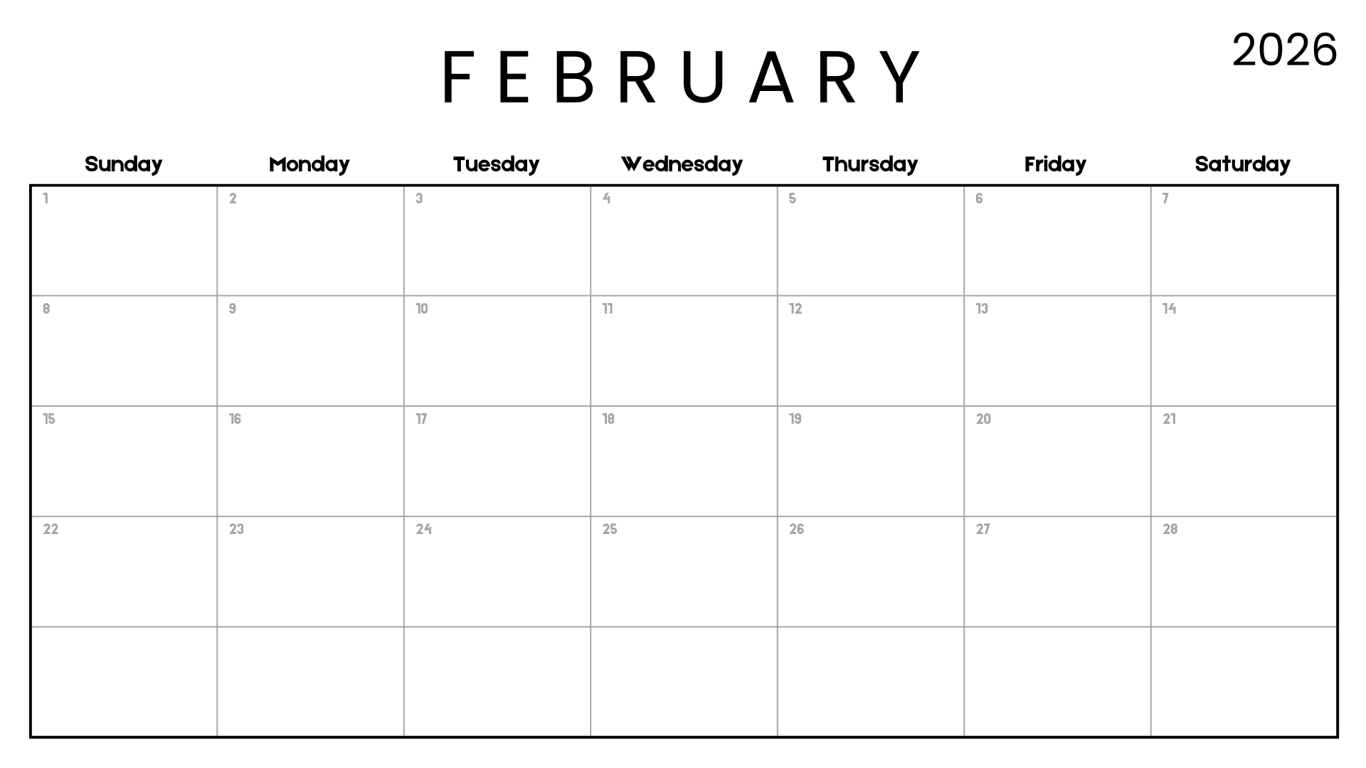 Clean minimalist February 2026 calendar printable with classic font and large writing space