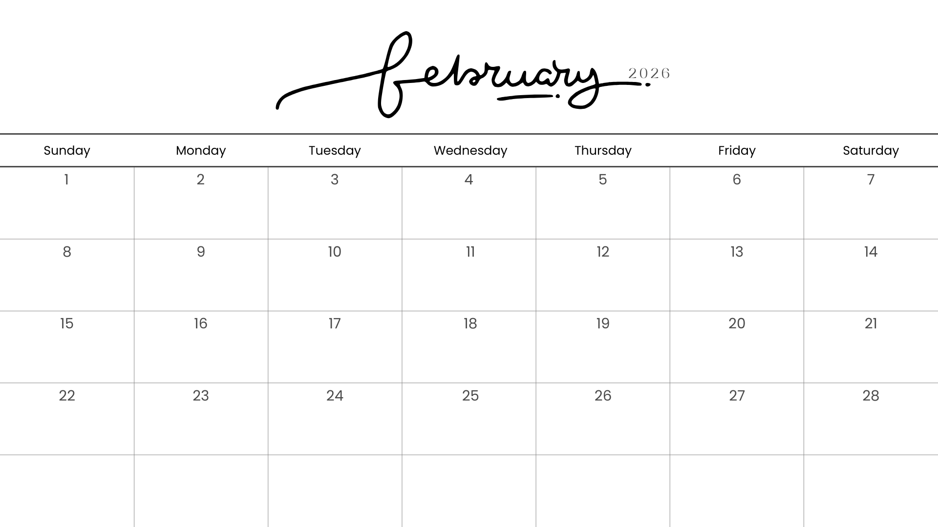 Elegant handwritten February 2026 minimalist calendar printable with spacious layout
